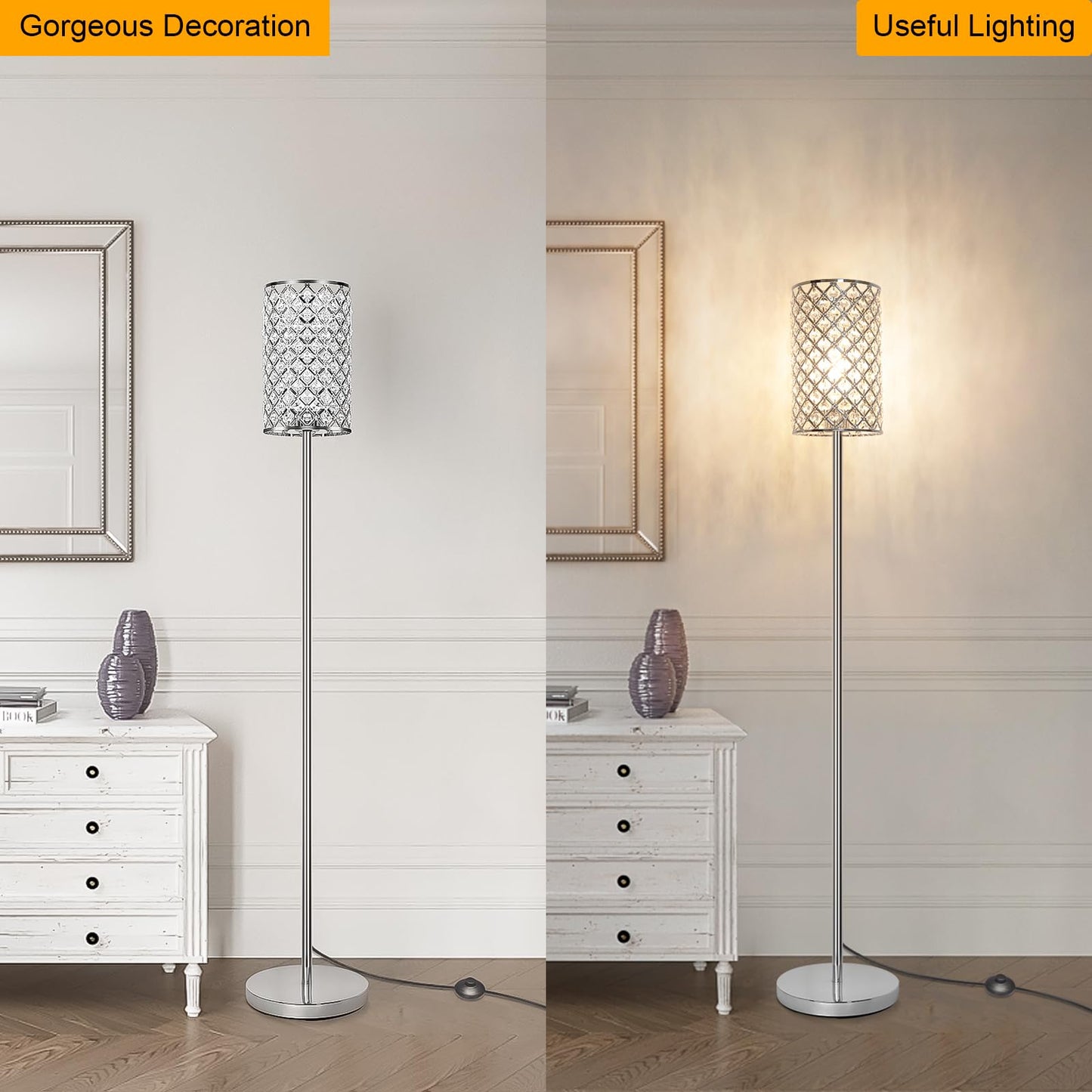 Crystal Floor Lamp, Silver Tall Pole Lamp with On/Off Foot Switch