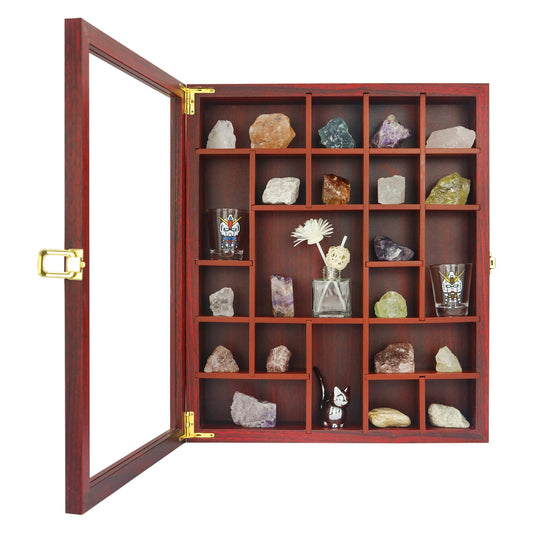 FramePro Rock Display Case - Adjustable Mineral Collection Box with Glass Lid, Wooden Cabinet for Rock, Fossil, Crystal, Seashell Collections - Geology Gift for Adults/Kids (16" x 13.5", Cherry)