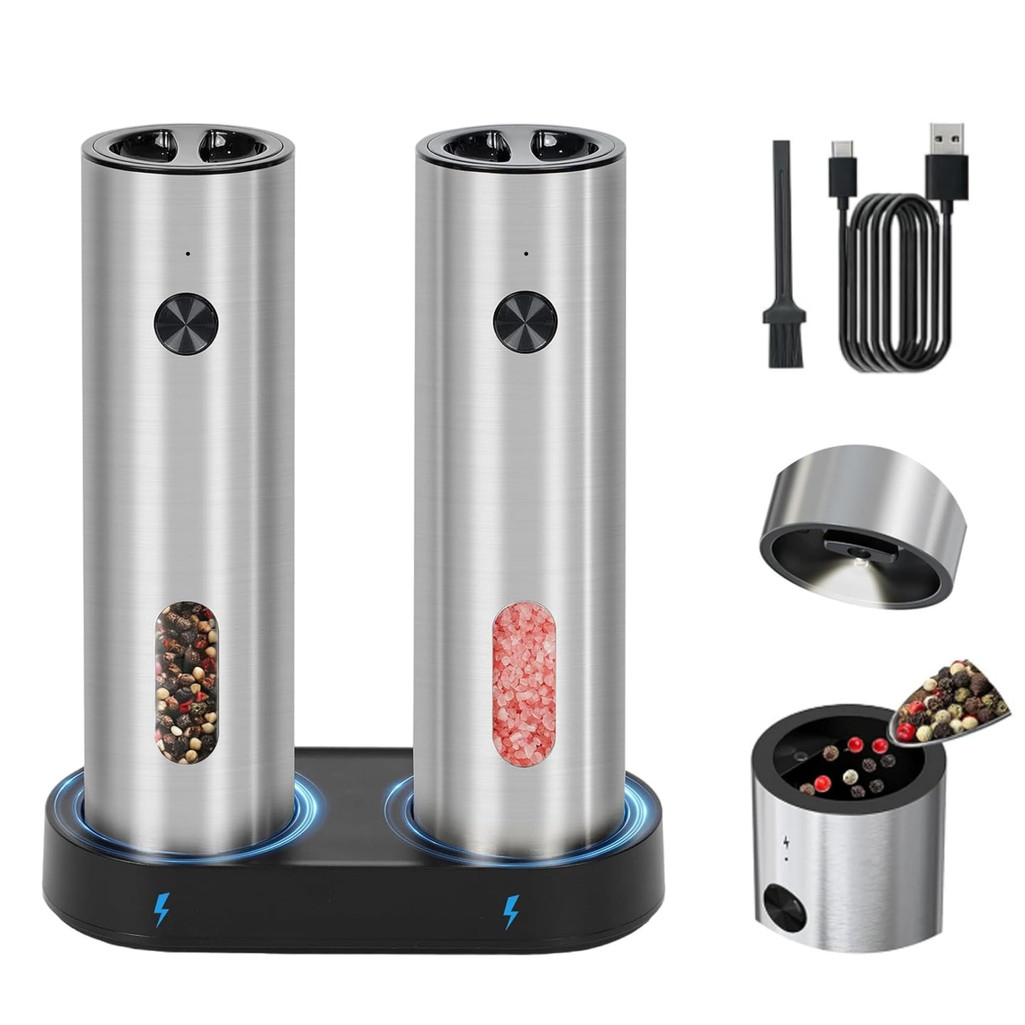 Candlejeeft Electric Salt and Pepper Grinder Set,Rechargeable,Adjustable Coarseness,LED Light with Dual Charging Base,110ml Upgraded Large Capacity,Top-Refill,Stainless Steel Automatic Pepper Shakers