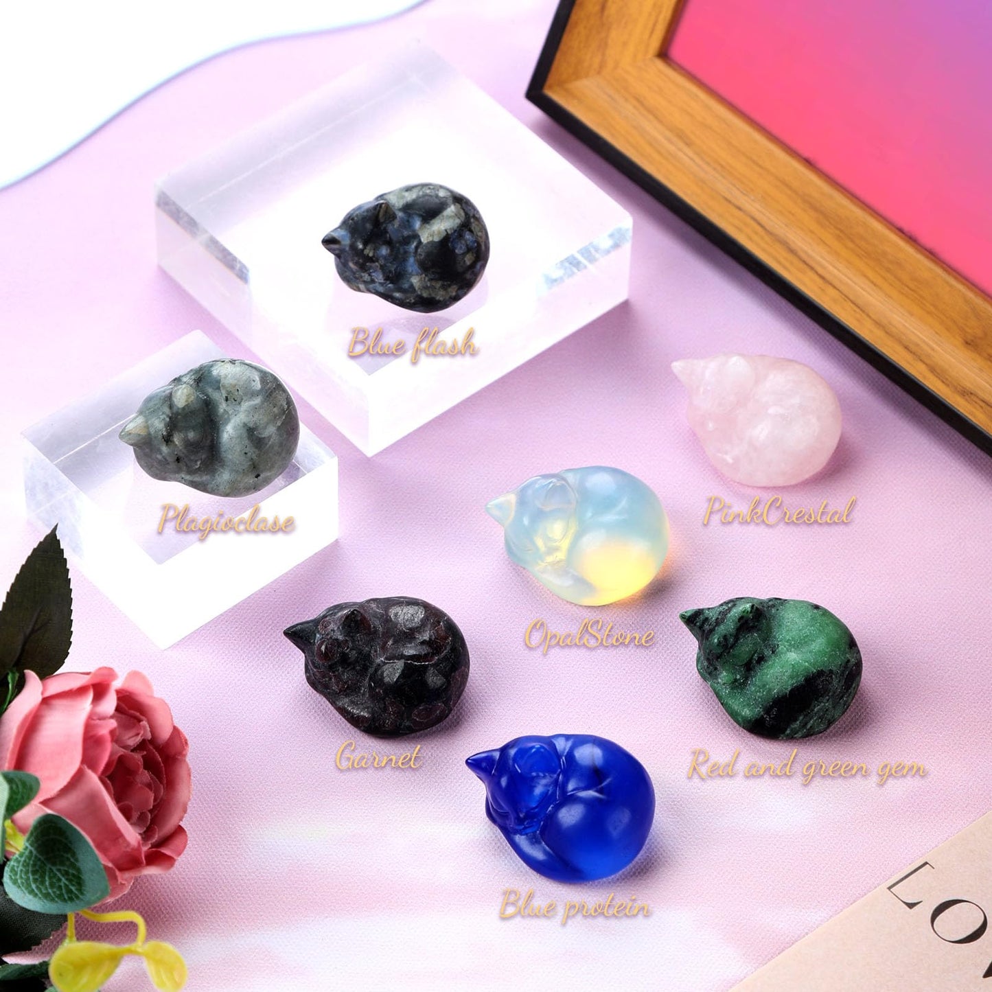 IBWell Small Crystal Cat Figurines Cat Decor for Desk Home Office Healing Cat Statue for Cat Lovers Cute Cat Decoration for Men Women Crystals and Stones Sleeping Cat Decor - Green Tung Ling