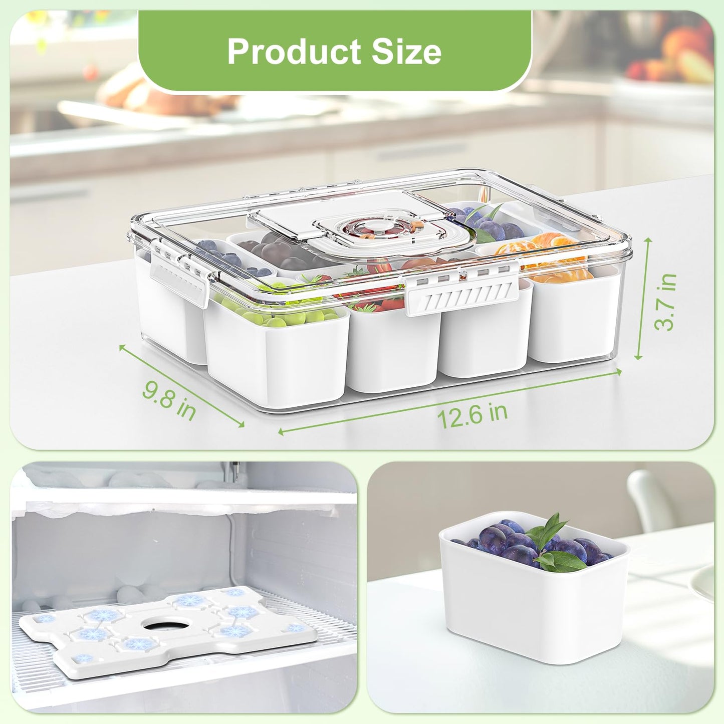 Locliki Chilled Snackle Box Container with Ice Pack, Bonus Insulated Bag Charcoolerie Chilled Portable Serving Tray, 8 Compartment Snack Container for Charcuterie Snack Road Trip Picnic Essentials