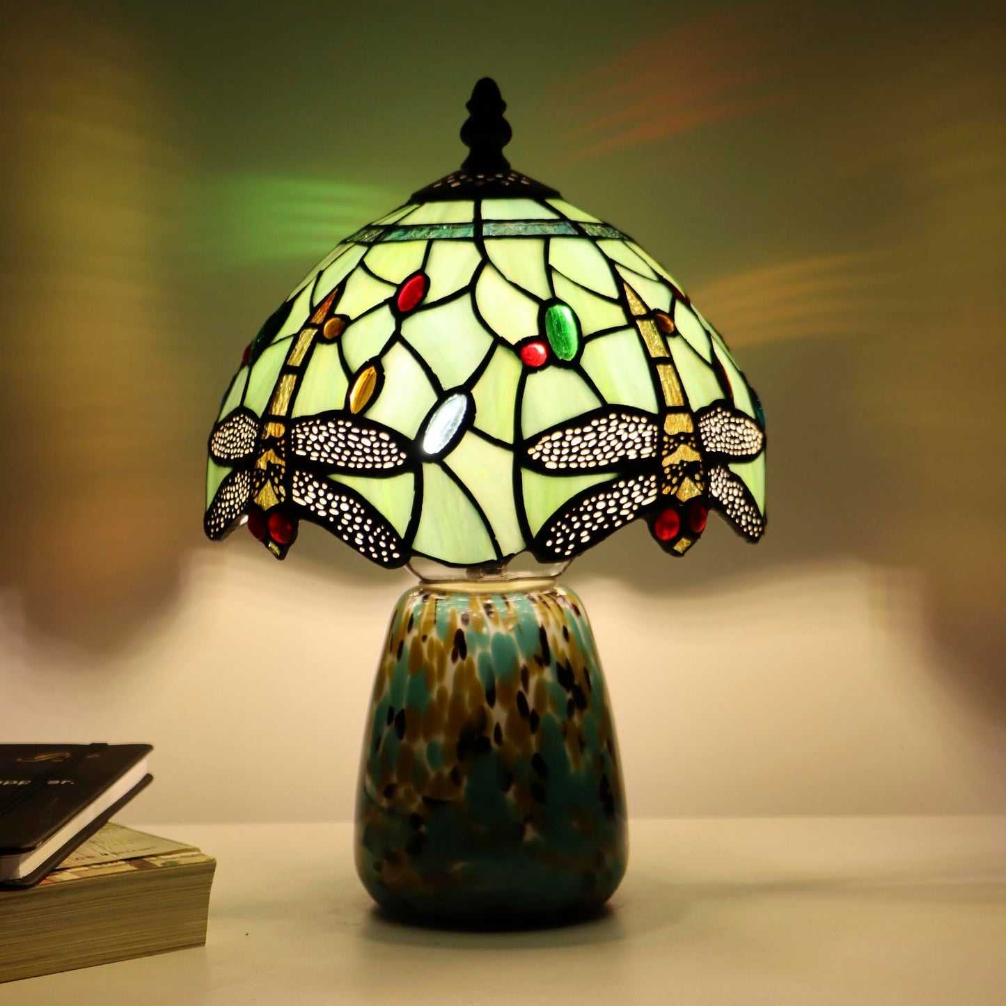 Tiffany Mushroom Table Lamp Dragonfly Style Grass Green Stained Glass Accent Lamp Brown Blue Glass Base 8X8X12 Inch