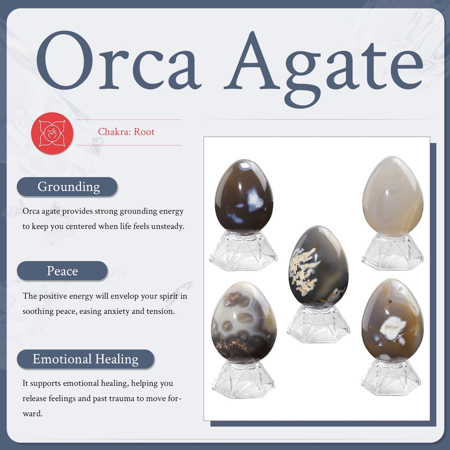 Sportmusies Natural Orca Agate Stone Egg Figurine Home Office Easter Decoration, Reiki Healing Crystal for Yoga Meditation, 2.55-3.26 inches