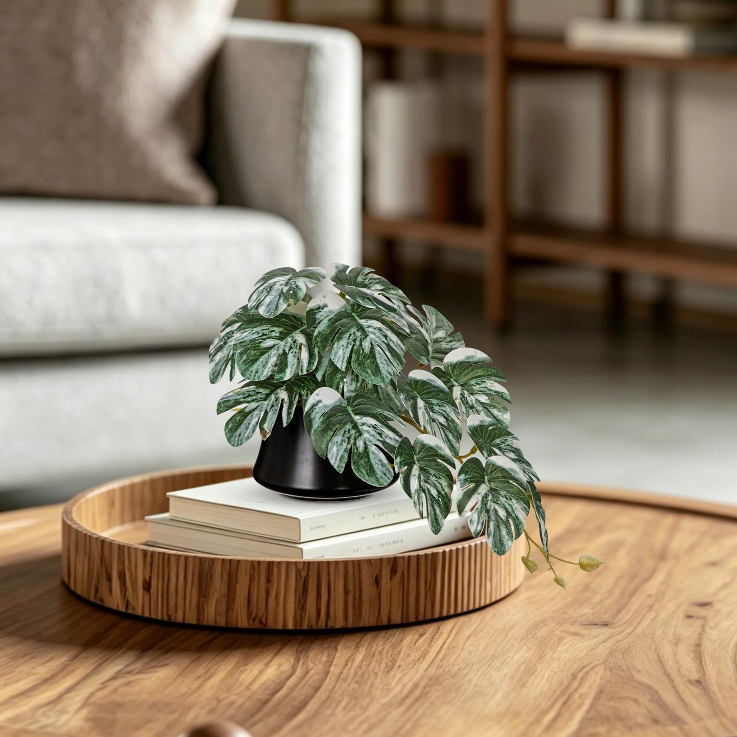 Arborus Artificial Potted Plants Set of 2 – Faux Variegated Monstera & Ivy Plants in Ceramic Pots, Small Artificial Hanging Greenery for Modern Home, Desk, Shelf & Bathroom Décor