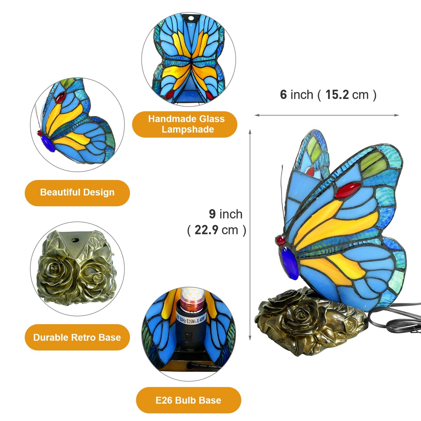 JGWSWQ Butterfly Tiffany Table Lamp, Stained Glass Vintage Night Light