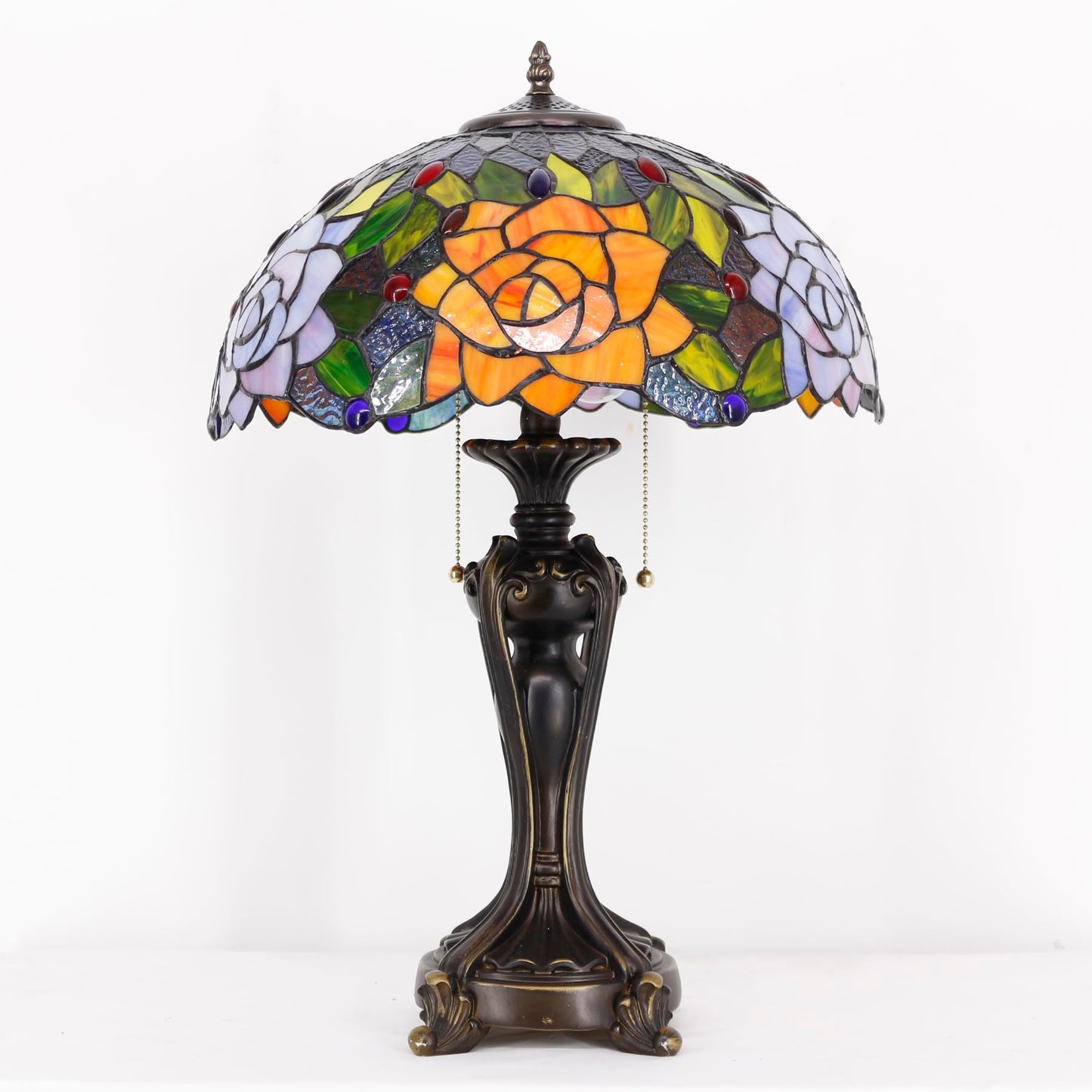ANYONGLU Tiffany Lamp(2 Lights) Stained Glass Table Lamp Bedside Desk Reading Light 16X16X24 Inch Decor Bedroom Living Room Home Office (Purple Orange Rose)