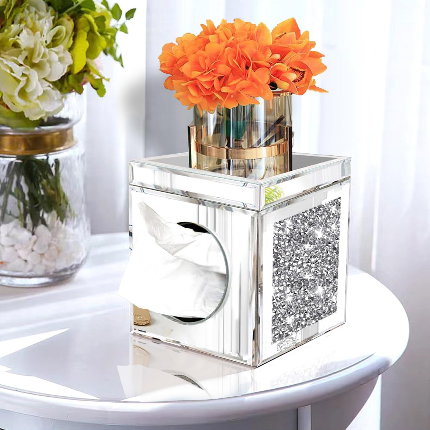 Wocred Square Tissue Box Cover Upgrades with Storage Tray,Crystal Crushed Diamond Tissue Box, Luxury Tissue Holders for Either Tissues in a Bathroom or Napkins on a Table.(6.5”x5.5”x5.5”)