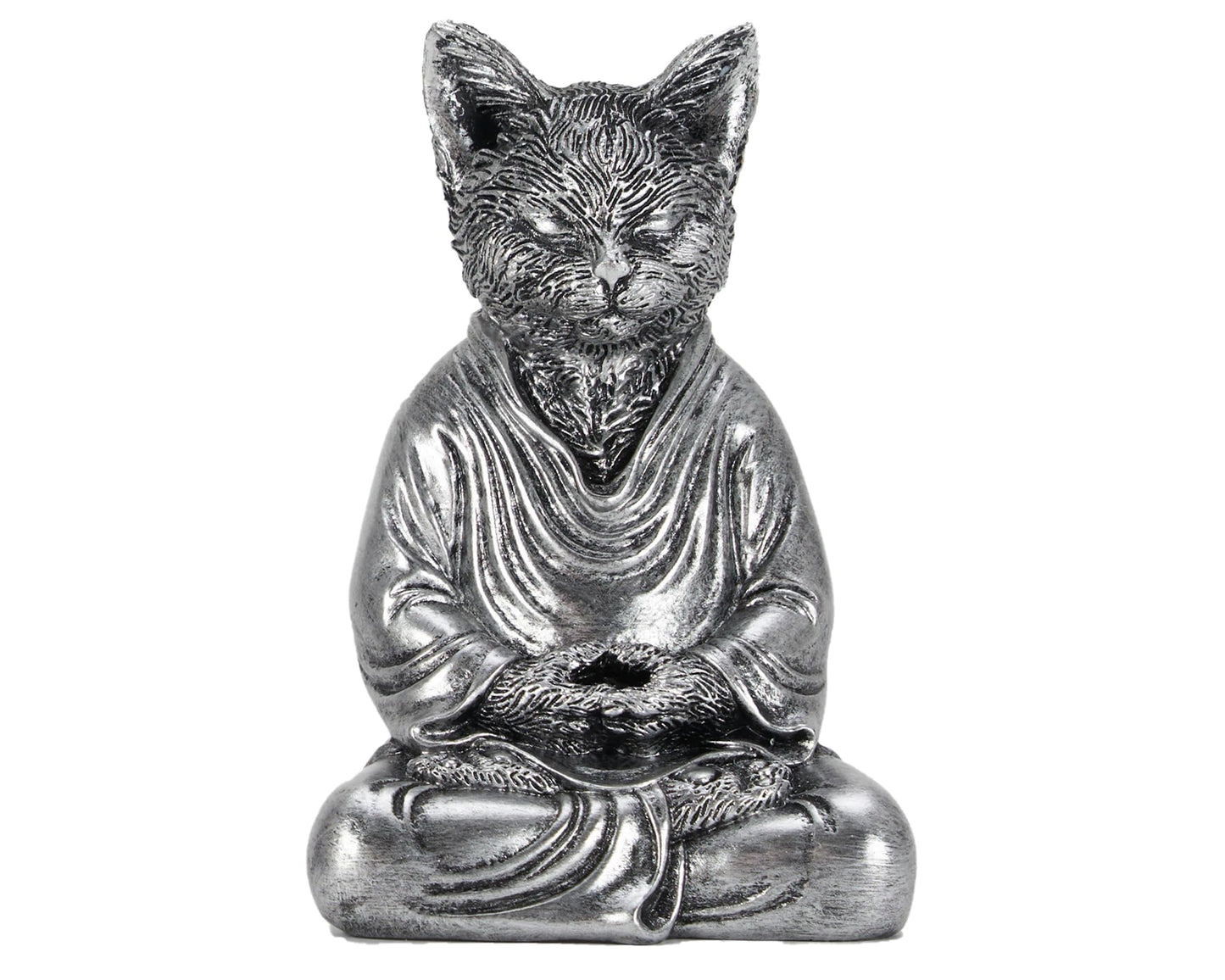 AMOIENSIS Cat Zen Buddha Statue Decor, 7 inch Antique Silver Resin Cat Statue Home Office Meditating Yoga Room Spiritual Decoration