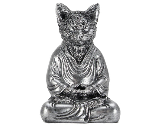 AMOIENSIS Cat Zen Buddha Statue Decor, 7 inch Antique Silver Resin Cat Statue Home Office Meditating Yoga Room Spiritual Decoration