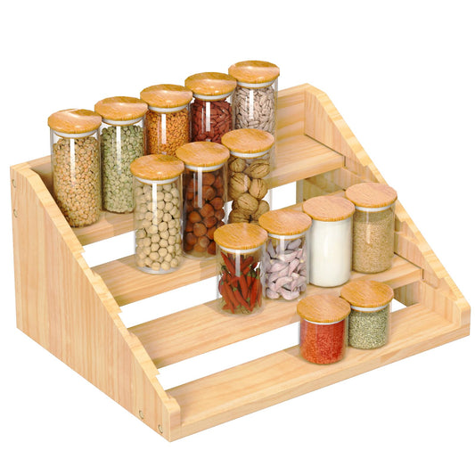 Solid Wood Spice Rack Organizer for Countertop & Cabinet, 4 Tier Adjustable Wooden Spice Shelf with Sliding Track, Premium Step Seasoning Bottle Holder for Kitchen, Pantry, Office, Natural Wood Color