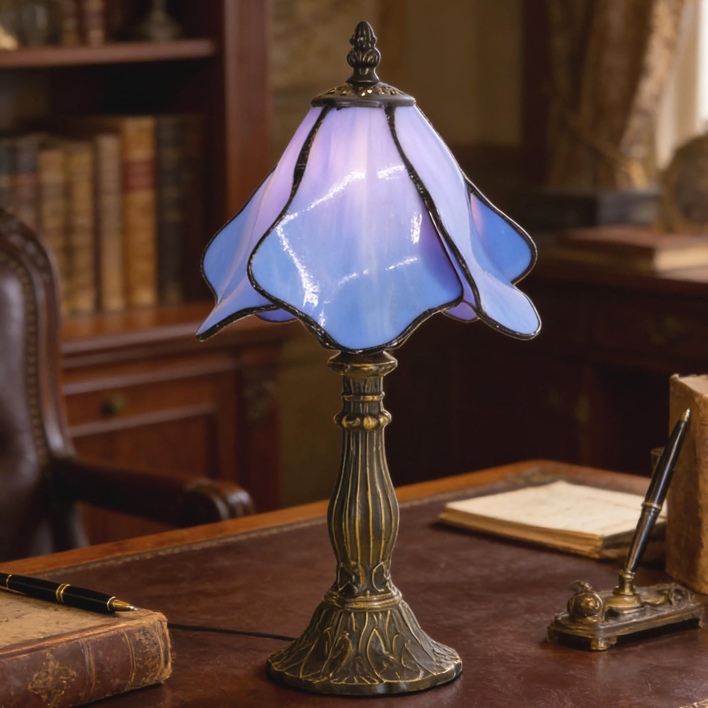 WFAYNTIFL Small Tiffany Table Lamp Blue Morning Glory Style W8H14.5 Inch