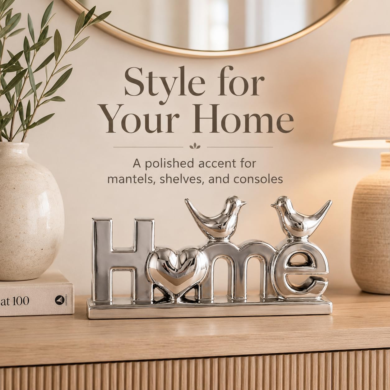 Ceramic LOVE Letter Decor with Bird Statues,Modern Silver Sculpture Optimized for TV Stand & Floating Shelf,Sophisticated Tabletop Ornament,Romantic Anniversary & Wedding Gift for Couples (Silver)