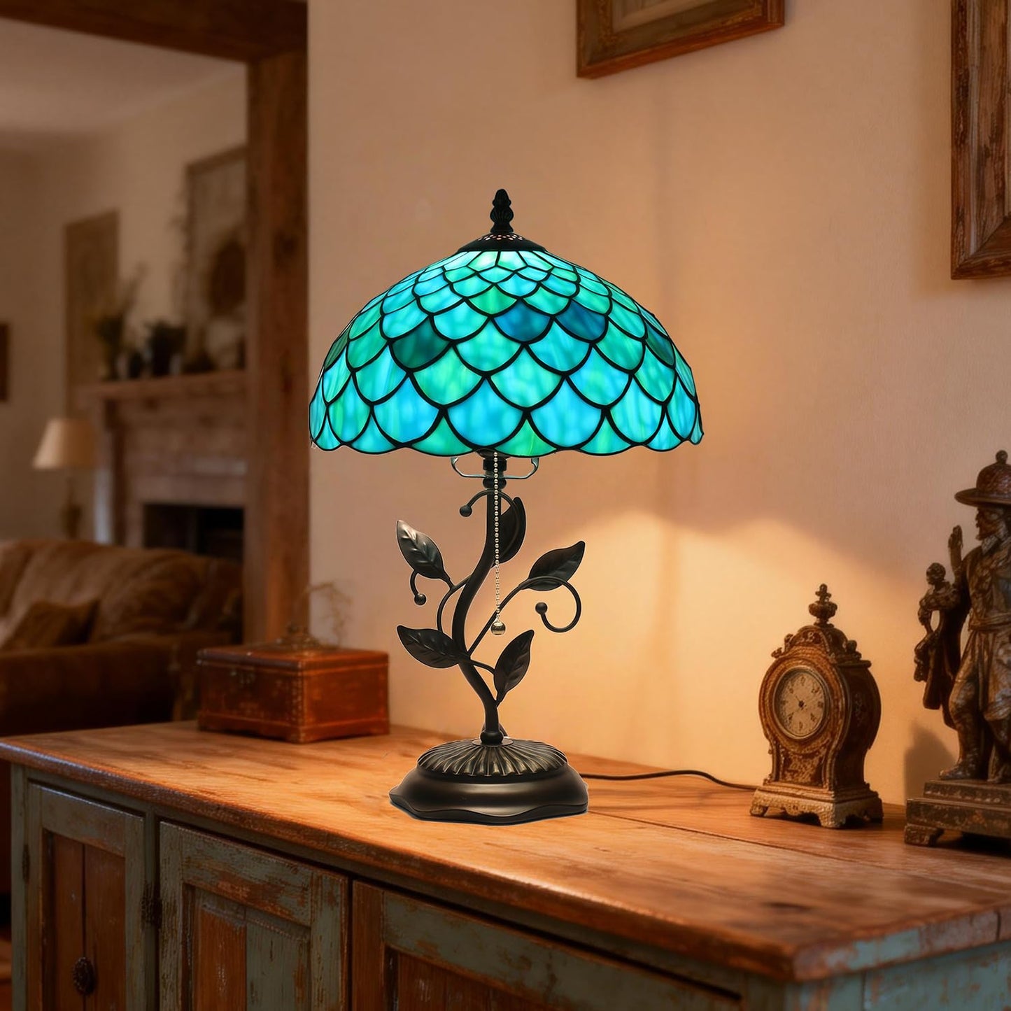 TFNALNB Tiffany Table Lamp, Stained Glass Blue Green Dragon Scale Lamp,Metal Leaf Base Decor Lamp, 12x12x19 Inch for Bedroom, Living Room, Home, Office