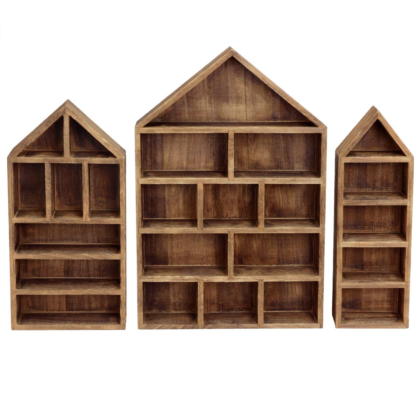 Ikee Design House-Shaped Wooden Shadow Cubby Box Display Shelf Organizer Storage Shadow Box for Mini Figures, Set of 3, Brown Color, 10 W x 2 1/4 D x 15 H in