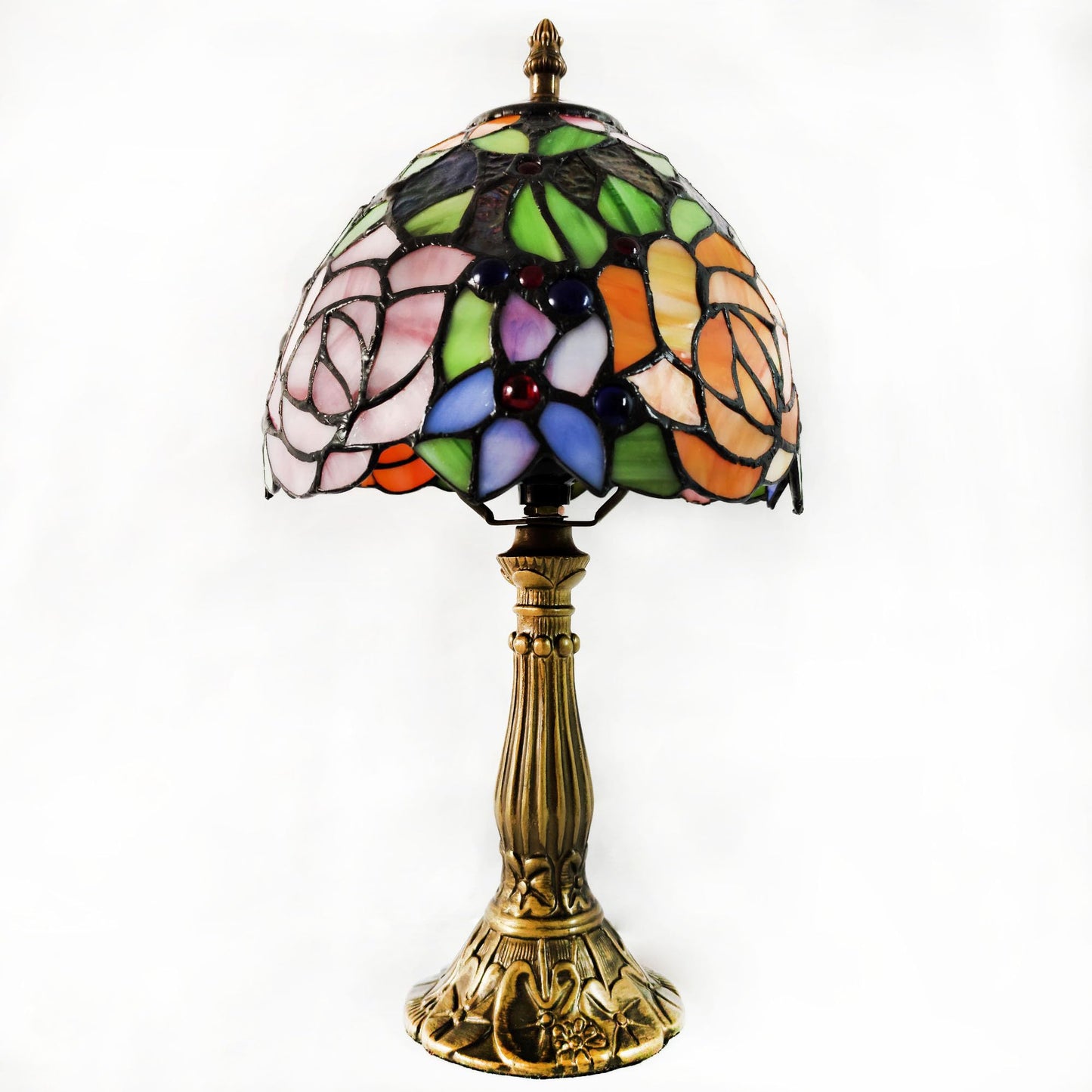 XPHMXP Small Tiffany Table Lamp 8 Inch Tiffany Style Desk Lamp Stained Glass Antique Light Decoration Bedroom Bedside Lamp Retro Reading Lamps (Yellow Pink Roses Style)