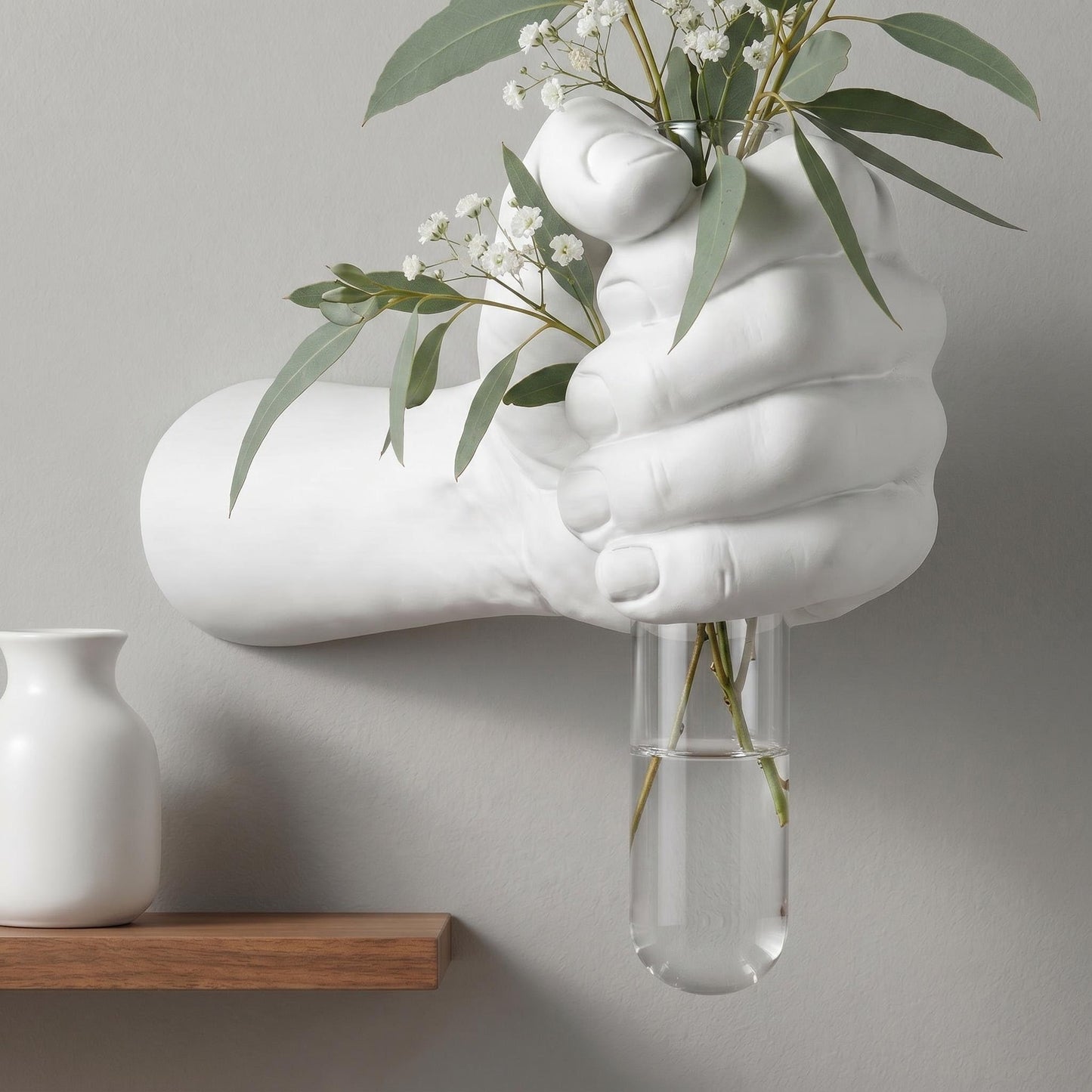 Wall Mounted Hand Vase with Glass Tube, Modern Resin Hand Flower Vase for Dried Flowers & Fresh Blooms, Nordic Minimalist Sculpture for Living Room Bedroom Bathroom Entryway Decor, White