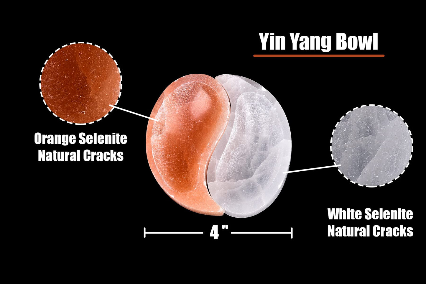AMOYSTONE Selenite Yin-Yang Bowl 4" - Fish Shaped White & Orange Selenite Natural Crystals Jewelry Dish for Cleanse Energy Home Decor