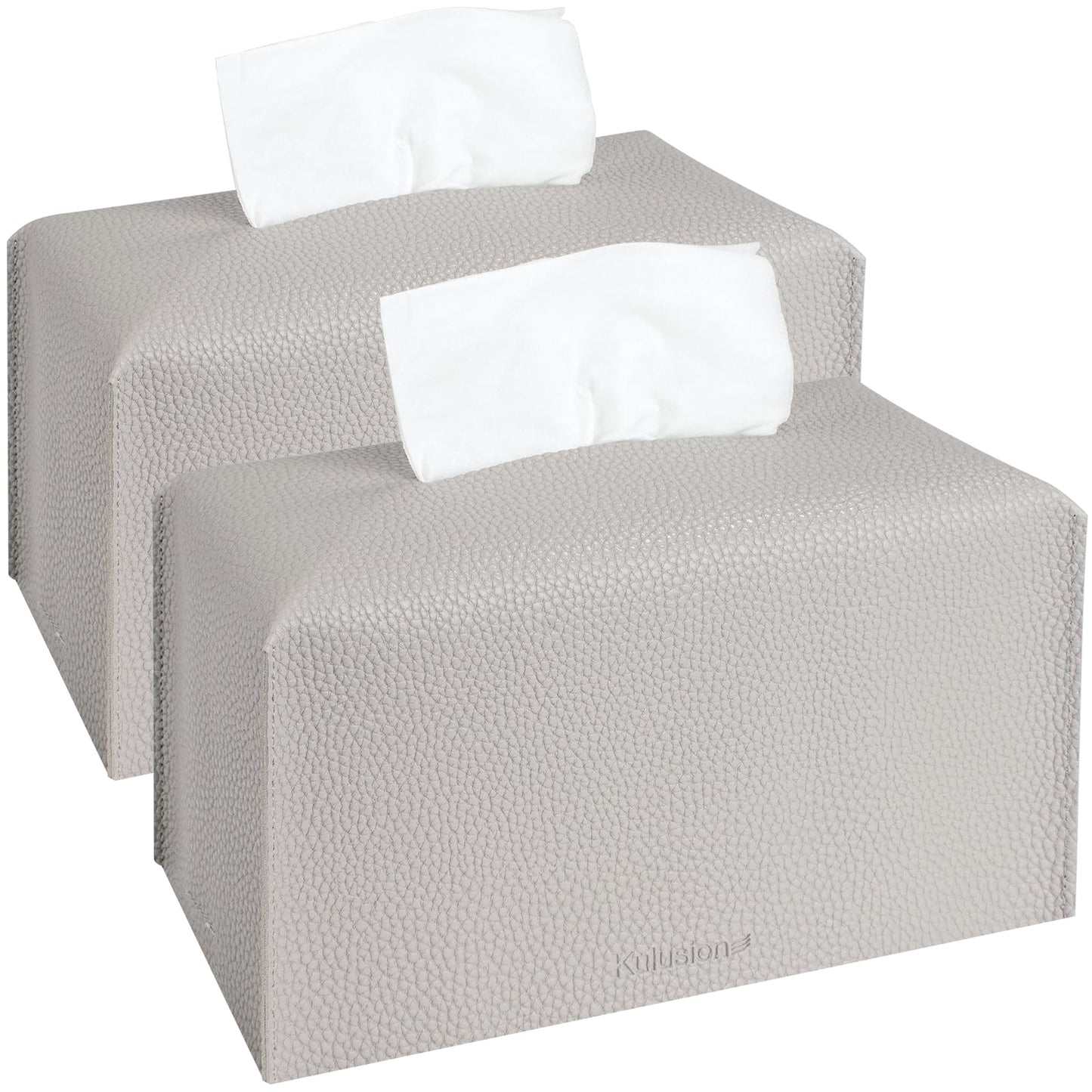 2 Pcs Rectangular Tissue Box Cover, PU Leather Tissue Holder Facial Tissue Case Dispenser for Bathroom, Vanity Countertop, Tabletop, Car, Office,9.5X5X5 Inch - Light Gray