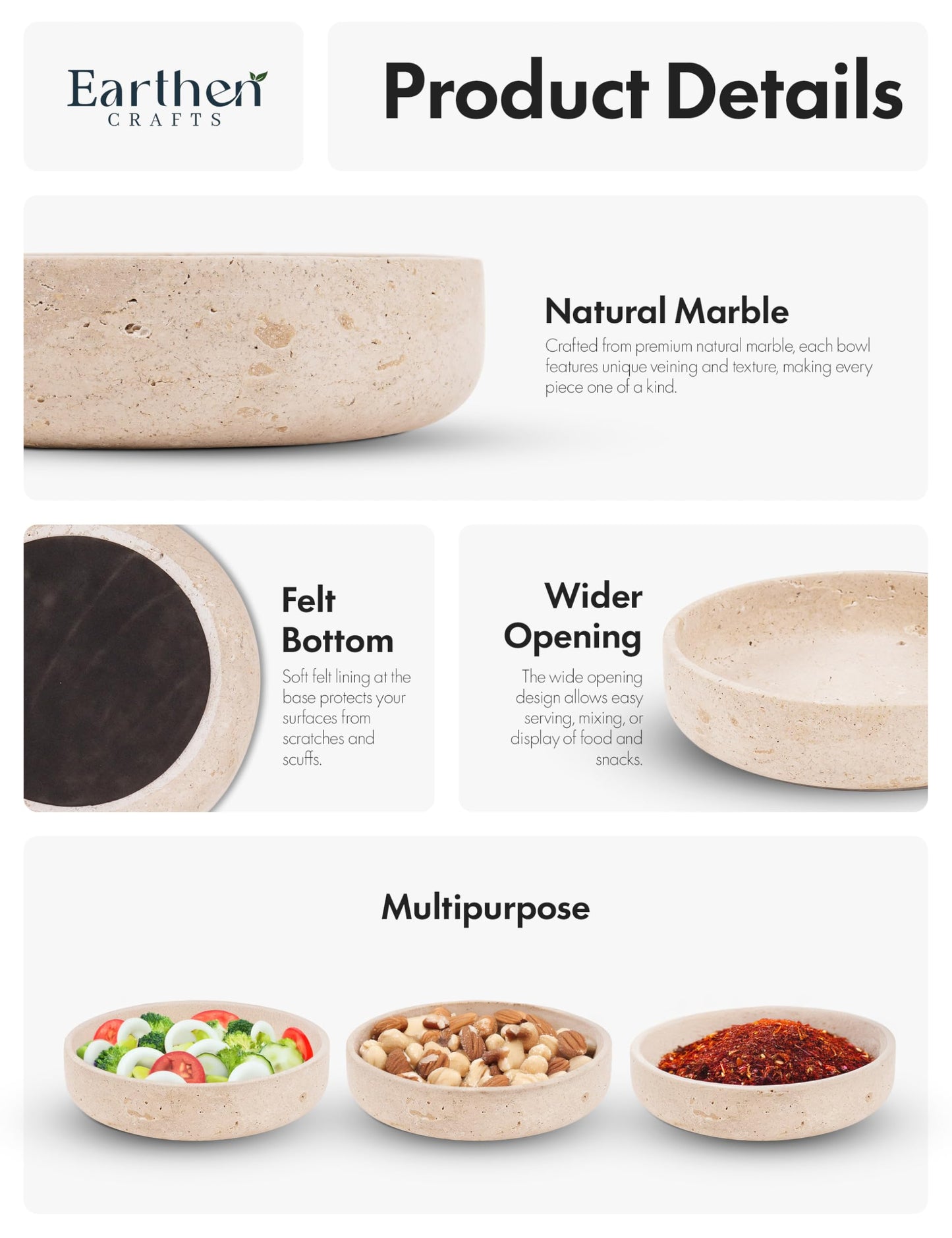 EARTHEN CRAFTS Marble Decorative Bowl 8" Inches Travertine Key Bowl for Entryway Natural Stone Fruit Bowl For Kitchen Counter, Serving Bowl For Coffee Table, Modern Home Centerpiece Decor