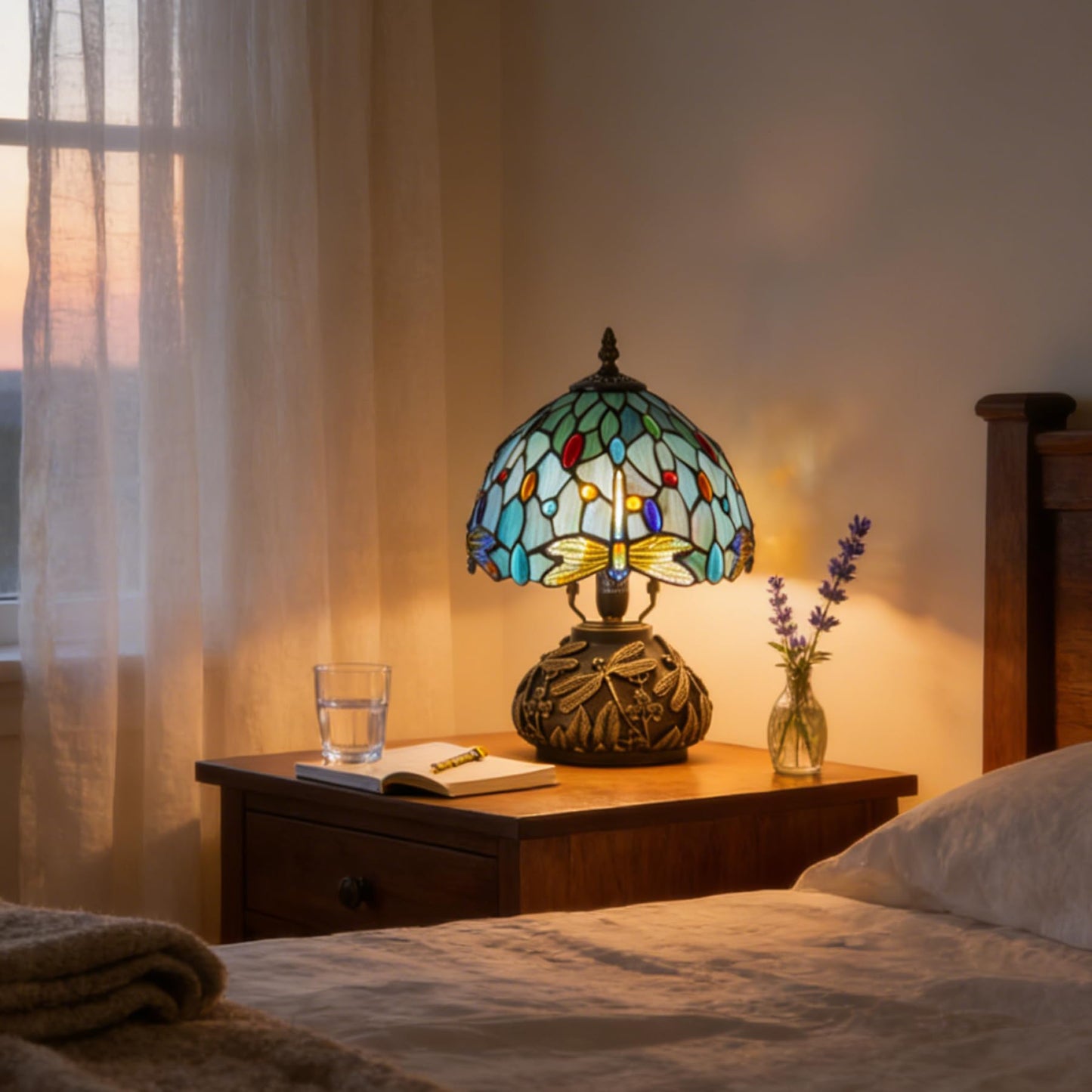 Msrzuds Tiffany Style Stained Glass Mushroom Bedside Table Lamp 8-inch Green Blue Dragonfly Beautiful Shade Nightstand Light for Bedroom Dorm Living Hallway Coffee Table Home Office Housewarming Gift