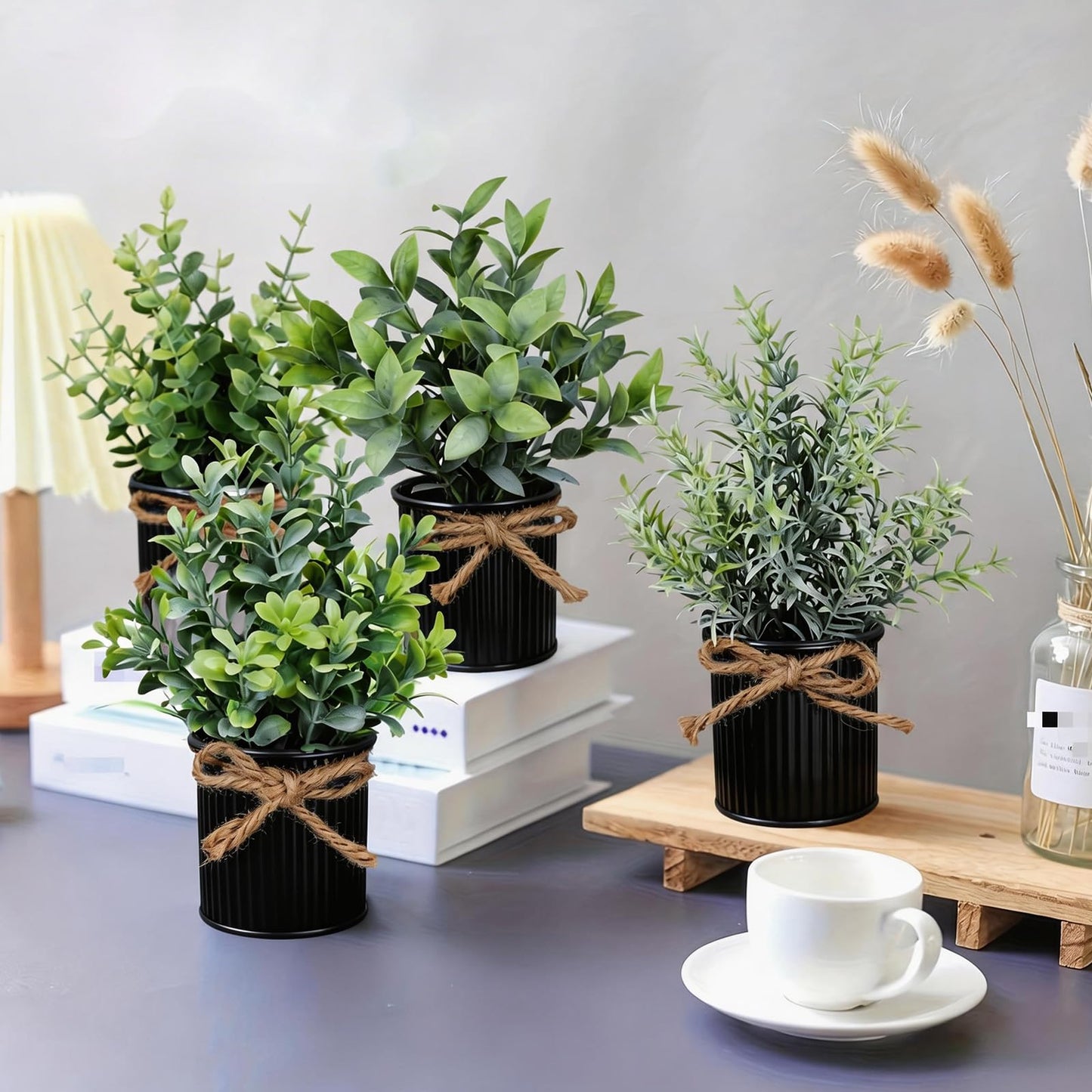 Yoratee 4 Potted Artificial Plants Metal Fake Potted Plant with Iron Pot Mini Greenery Decor Small Faux Plants for Indoor Farmhouse Home Porch Garden Bathroom Room Décor Black