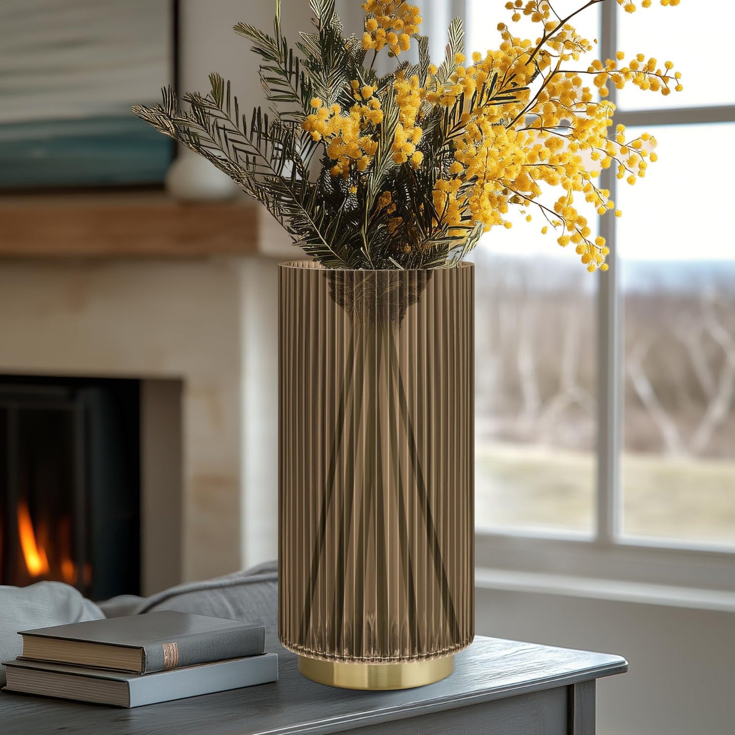 Torre & Tagus 10" Ribbed Brown Glass Vase for Flowers & Candle Hurricane
