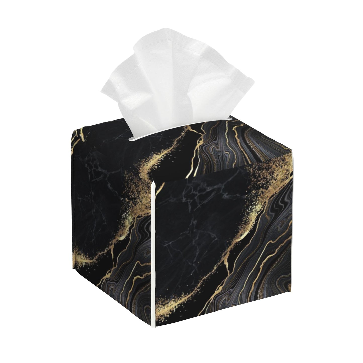 Black Golden Marble Tissue Box Cover Square,Leather Tissue Holder with Bottom Belt,Waterproof Facial Paper Organizer Tissue Box Cover for Home Office Bathroom Vanity Countertop,5.2" x 5.2" x 5.2"