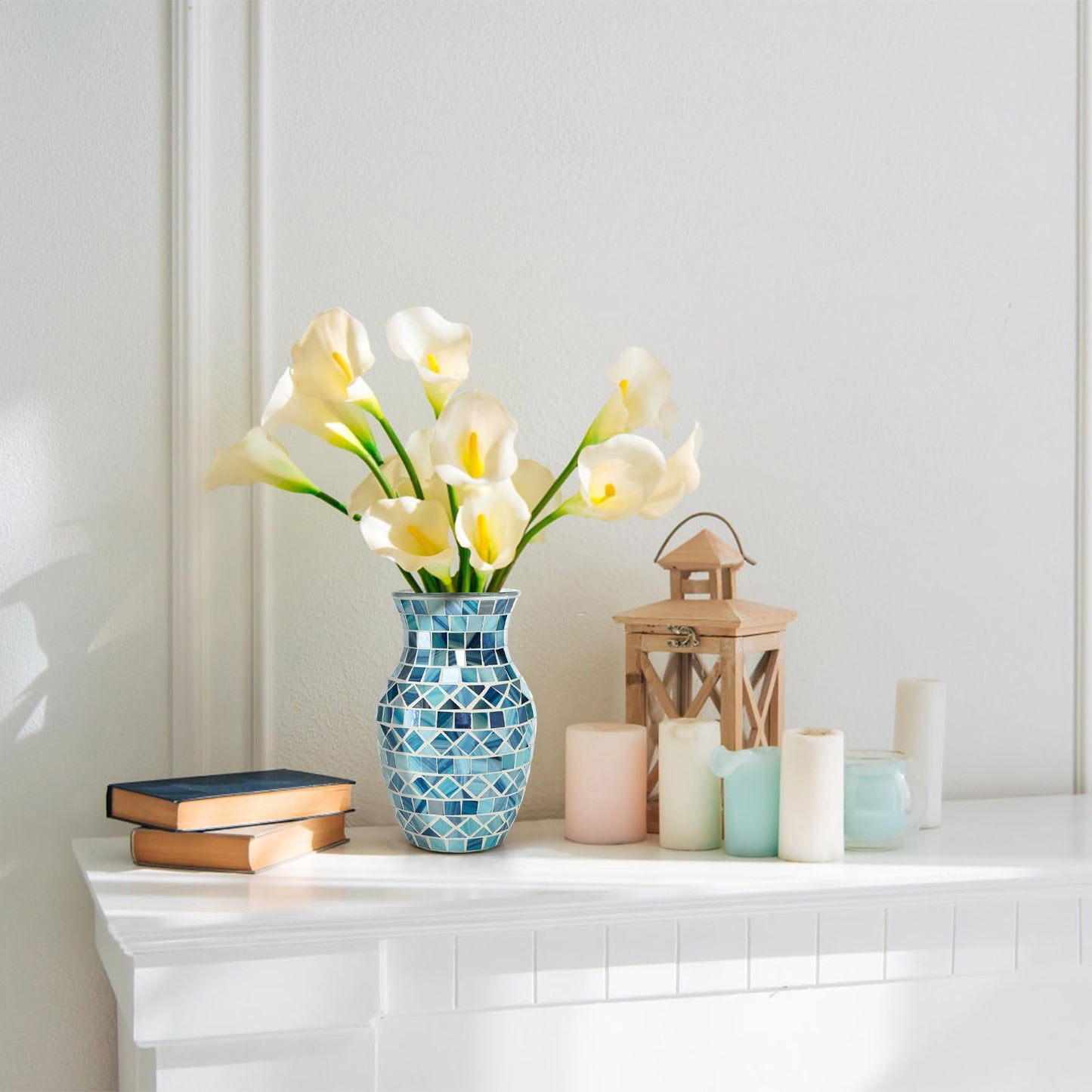 SOUJOY Mosaic Vase, Glass Blue Flower Vases for Centerpieces, Handmade Bud Vase for Wedding Flower Arrangeme, Living Room, Kitchen, Home Decor