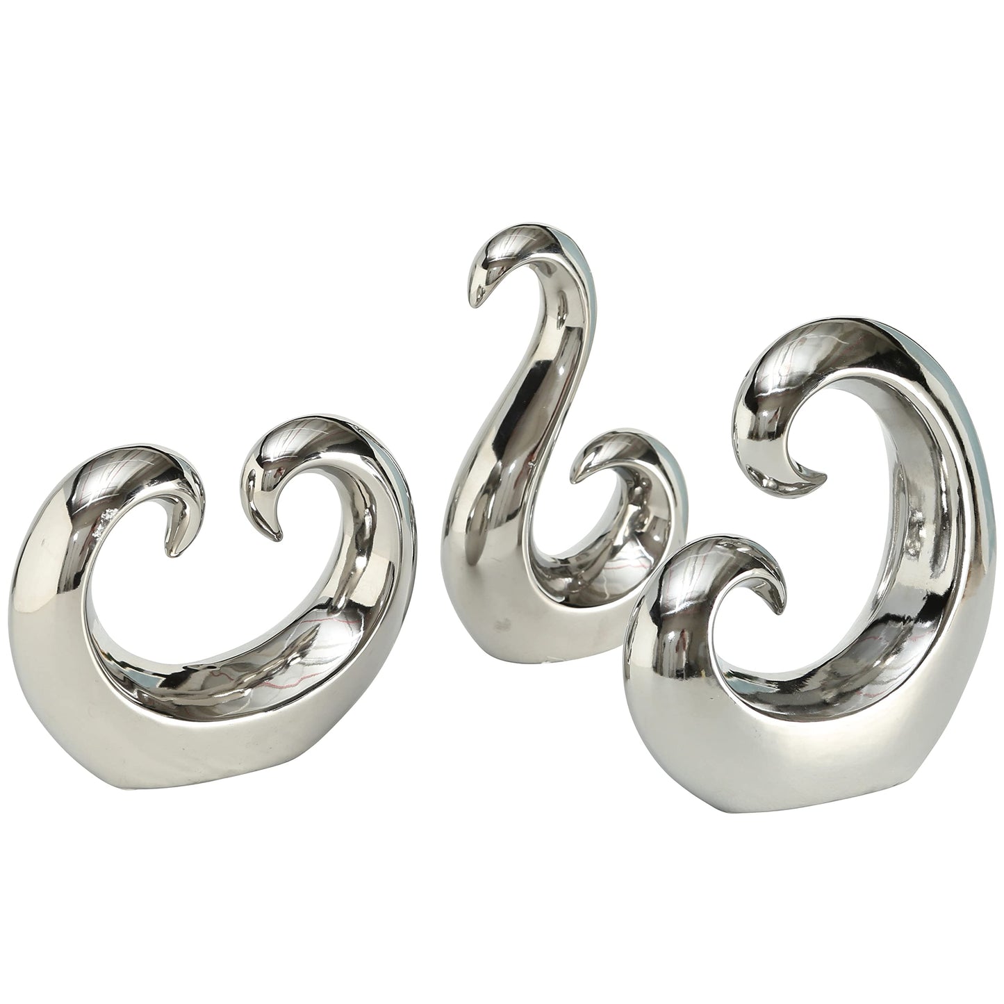 WHW Whole House Worlds Eternity Curl and Wave Sculptures, Set of 3, Decorative Modern Art, Silver Titanium Glazed, High Fired Stoneware, 8.25 Inches