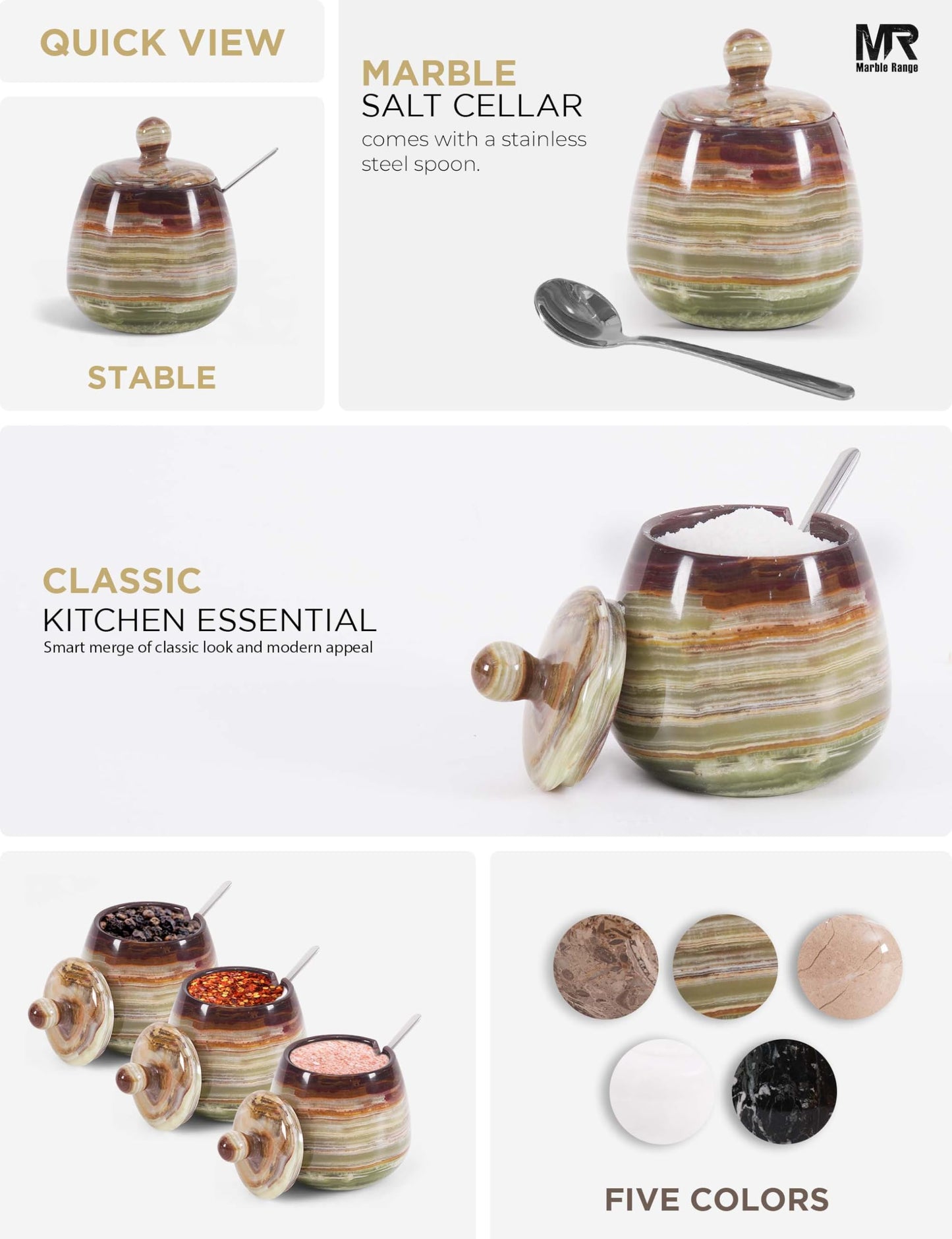 Green Onyx Marble Salt Cellar – 3.5 Inch Salt Jar with Lid, Table Salt Container, Salt Dish, Salt Holder, Spice Jar, Sugar Bowl, Seasoning Container, Salt Dispenser for Kitchen Counter Decor