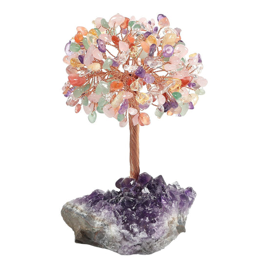 dssmboom Tumbled Colorful Stones Tree on Amethyst Cluster Base for Reiki Healing, Copper Wire Wrapped Crystal Money Tree Feng Shui Bonsai Home Decor for Wealth