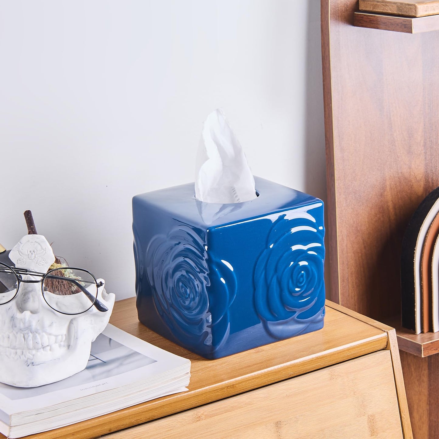 Deep Blue Ceramic Cube Tissue Box Cover with Rose – Large Elegant Rose Floral Square Decorative Tissue Box Holder for Bathroom, Bedroom, Office Desk, Kitchen Counter – Perfect Housewarming Gift