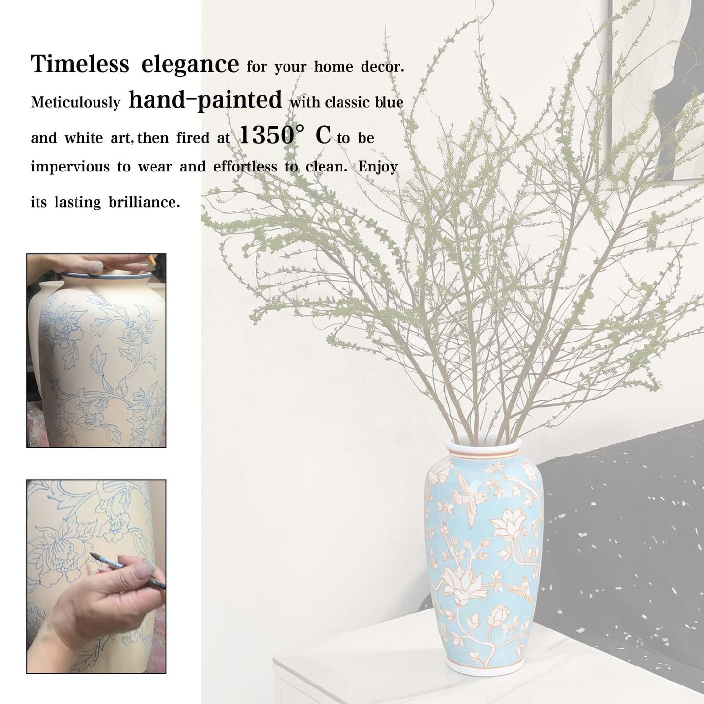 Blue and White Chinoiserie Ceramic Vase, 14 Inch Chinese Style Hand Painted Flower & Bird Art Decor Vase Antique Floral Vase for Living Room, Farmhouse, Table Centerpiece