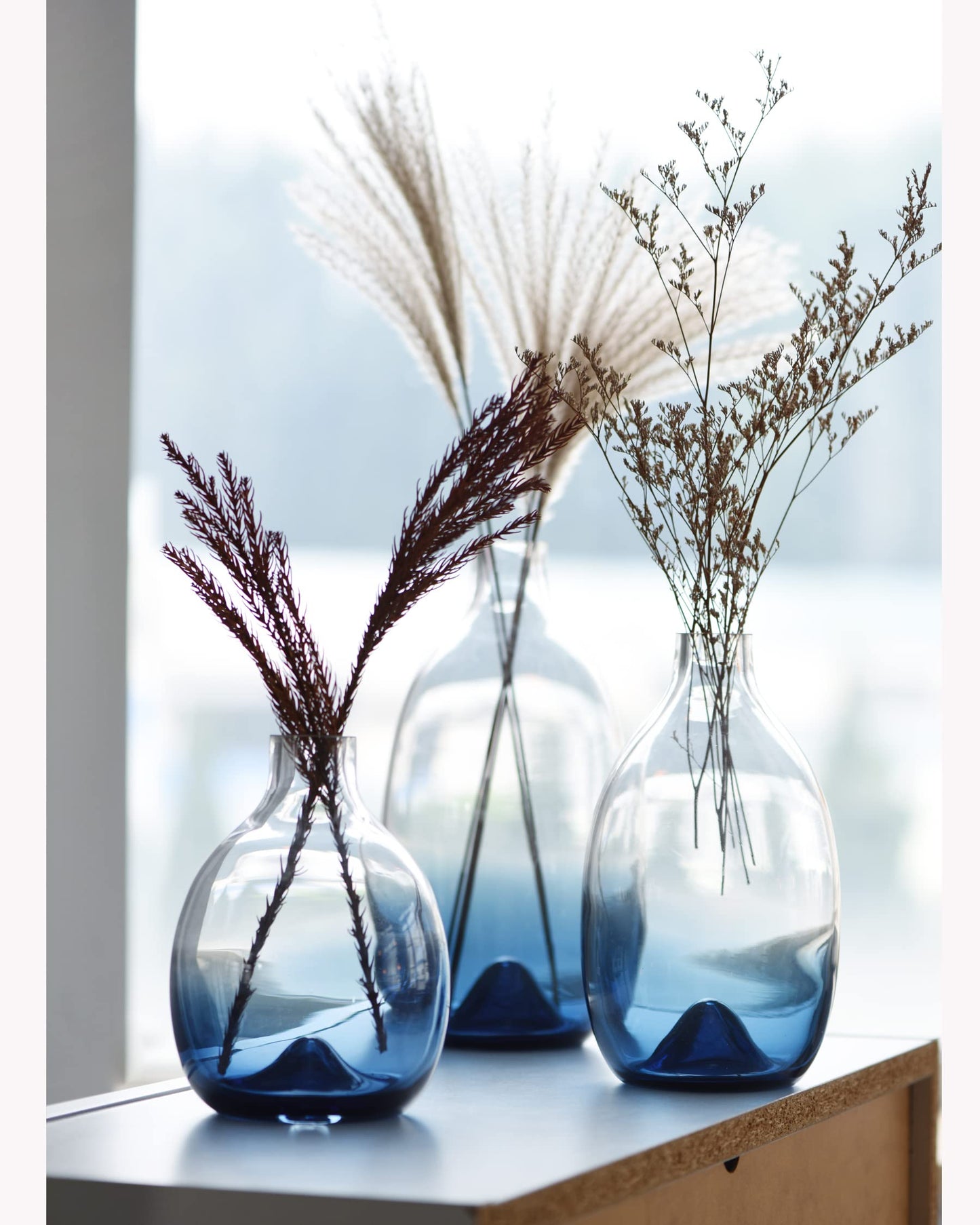 CONVIVA Glass Vase Set Modern Blue Glass Flower vases Decorative Large Home Decor Living Room Dinning Table,Wedding Party Event Tall Tabletop Set of 3