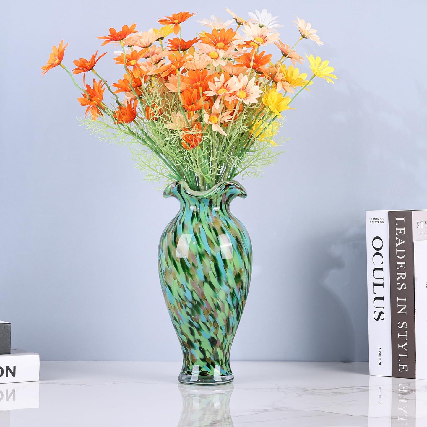 Hand-Blown Decorative Green Glass vase, Unique Green Glass vase, Modern Art Home Decor, Perfect as a Centerpiece for Living Room Dining Tables, Display on TV cabinets, or Wedding Floral Arrangements.