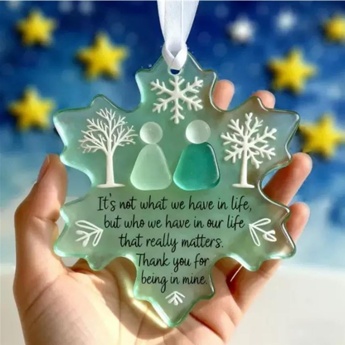 Friendship Snowflake Keepsake Ornament, Sea Glass Friendship Decor, Christmas Tree Seaglass Heart-Shaped Hanging Decorations for Best Friends, Friendsgiving Gifts for Bestie(2pcs A)