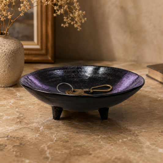 Ragopin 6.1" Decorative Bowl, Ceramic Footed Bowl, Black Glazed Decorative Dish for Keys, Vintage Round Trinket Tray, Small Rustic Plate for Entryway, Nightstand, Vanity, Coffee Table
