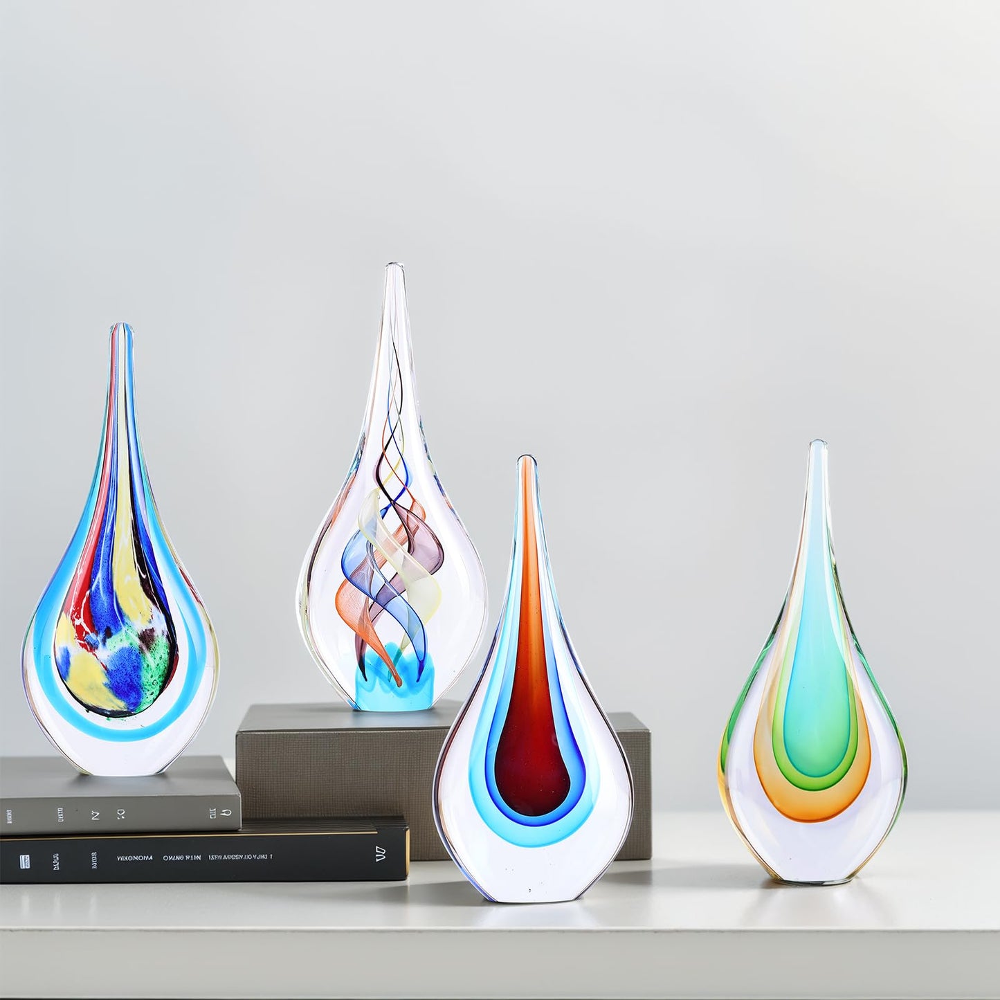 Hand Blown Glass Sculpture, Unique Mediterranean Style Decor, Glass Figurine with Crystal-Like Finish, Decorative Paperweights for Office Desk, Living Room, Bedroom, Cabinets (Red, Blue and Yellow)