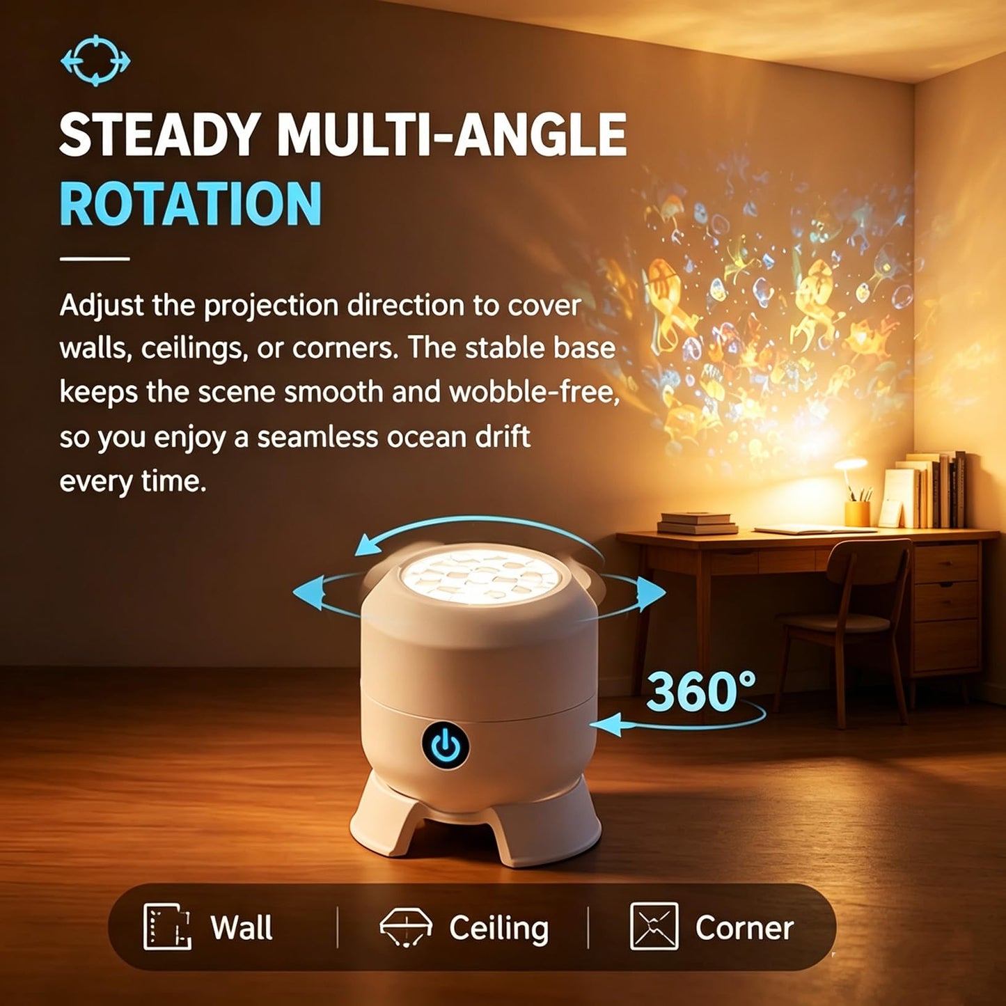 Yinhamnl Dynamic Rotating LED Projector Ocean Light, 2-in-1 LED Ocean Light Projector, 360° Rotating USB Rechargeable Night Light Projector for Bedroom Home Decor Gifts