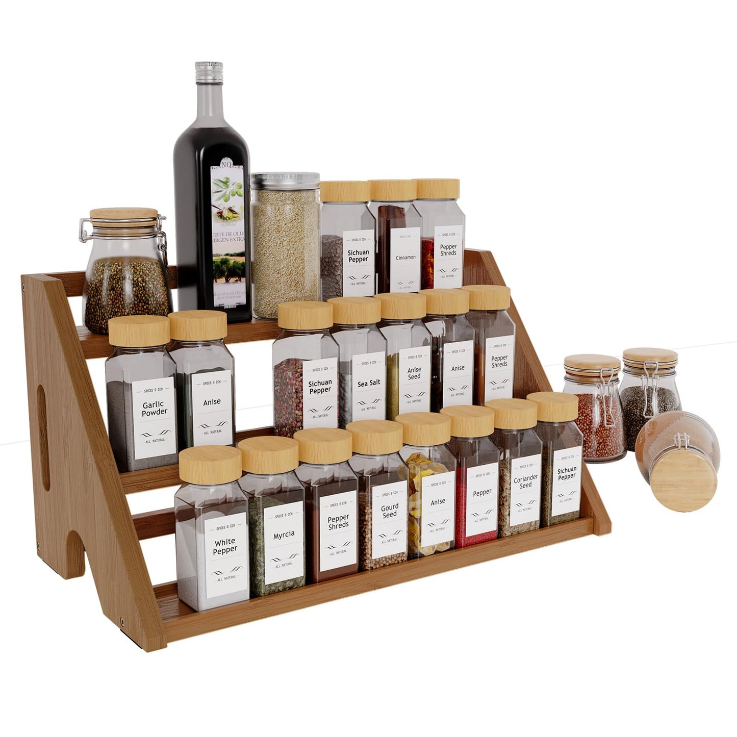 CCHIDG Bamboo Spice Rack Organizer -3-Tier Spice Rack for Countertop,Cabinet Spice Rack Organizer for 24 Spice Jars(4oz)，Step Shelf (Walnut)