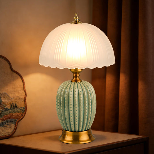 URLIGHTS 15.7" Vintage Ceramic Small Table Lamp, Green Cactus Retro Bedside Lamp with Scalloped Glass Shade, 3-Color Dimmable Nightstand Light for Bedroom & Living Room, Home Decor, Bulb Included