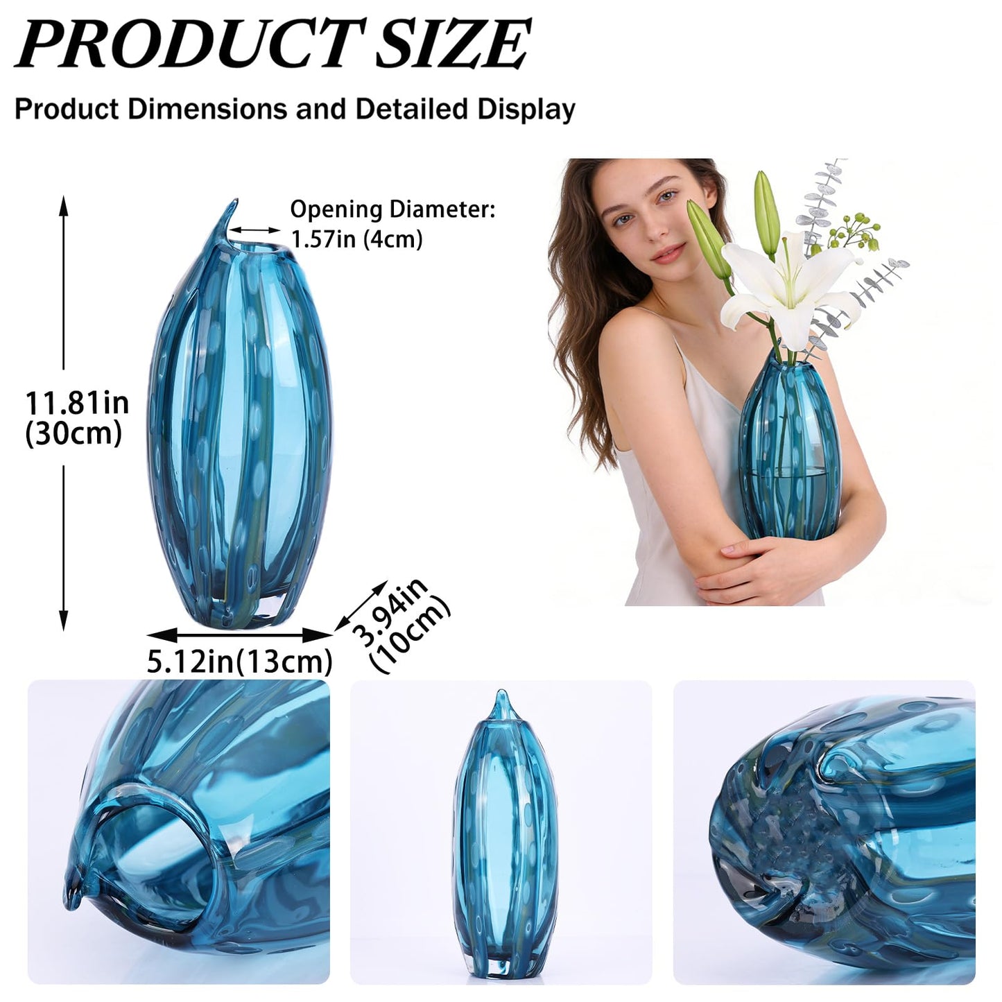 11.81in Hand Blown Blue-Green Glass Vase (White Dots) | vases Home Decor, Dining Room Table Decor, Blue vase, Glass Flower vase, Flower vase Unique Decorative Vase, Table Vase