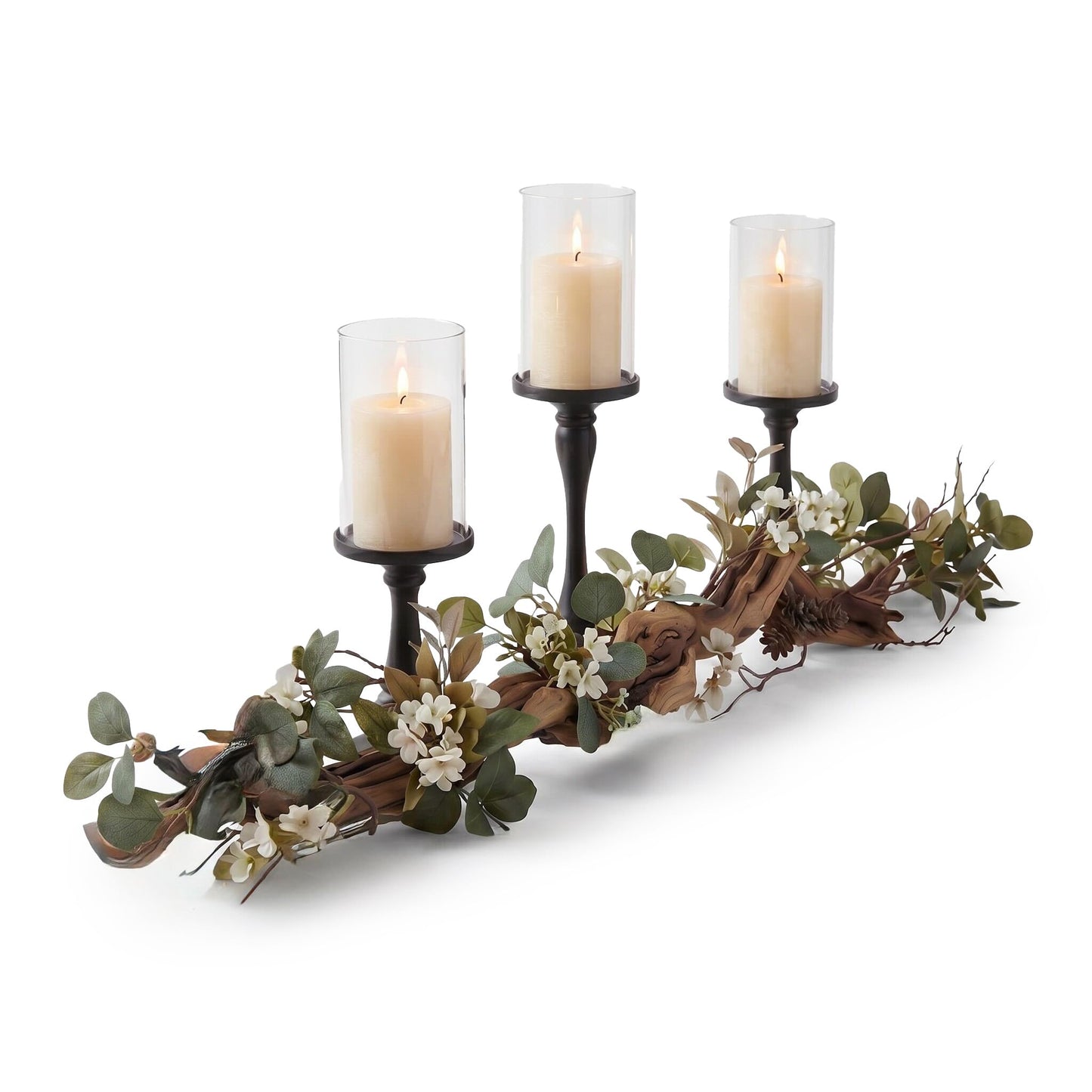 Eucalyptus Table Centerpiece with Candle Holders, Farmhouse Dining Table Decor, Rustic Greenery Centerpiece for Coffee Table, Mantle, Entryway, Wedding & Home Decor (Black)