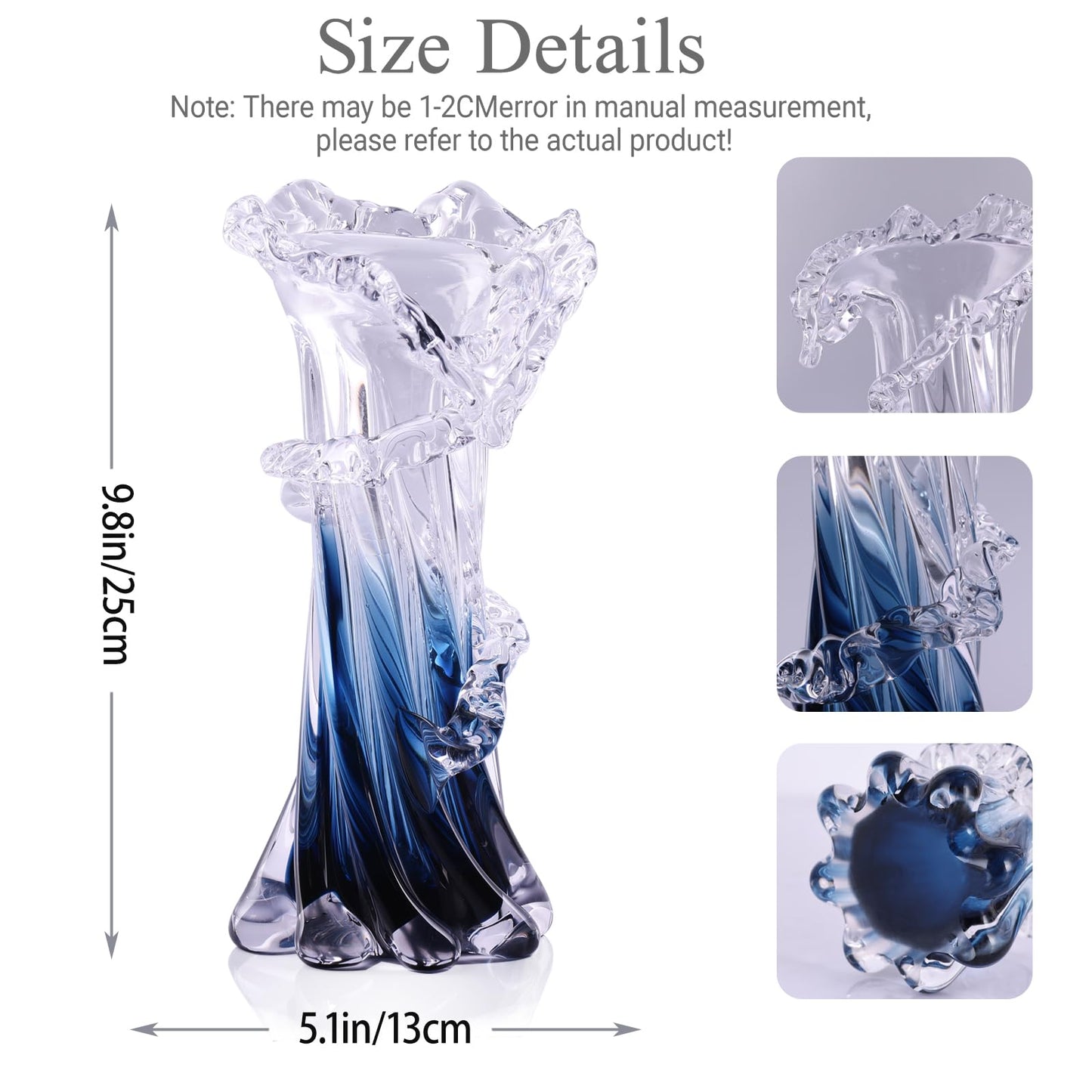 LINYTHER Blue White Clear Wave Vases Gradient, Murano Hand Blown Glass Vase Unique Art Decorative, for Ocean Themed Coastal Home Centerpiece Modern Office Entrance Table Creativity