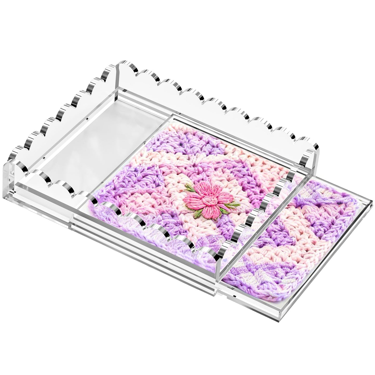 Scalloped Acrylic Tray for Needlepoint, 10" x 12" Clear Acrylic Display Tray with Slide Out Drawer for Insert Photos, Art, Fabric, Acrylic Organizer Decorative Tray for Home Decor