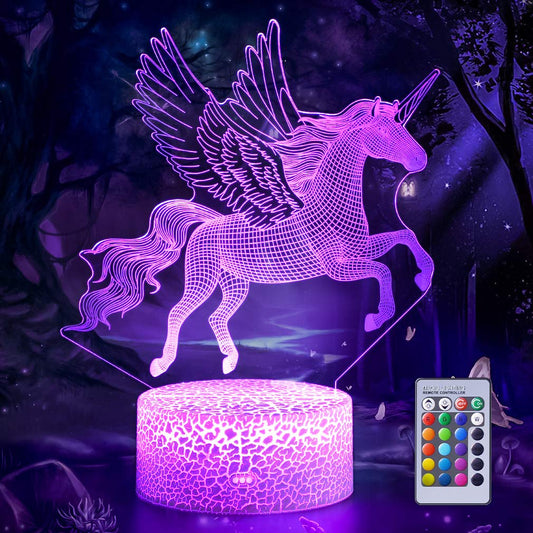Hoofun 3D Illusion Lamp Unicorn, 3D Flying Unicorn Night Light Remote Control Desk Visual Lamp 16 Changeable Colors Birthday Gifts Night Lights for Girls Kids Home Decor
