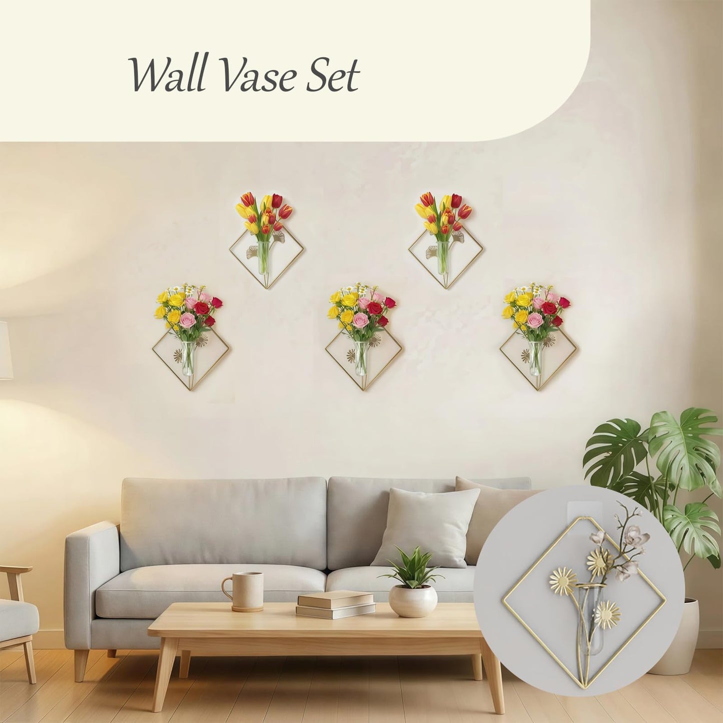 AZY 2 Pack Metal Wall Vase Set – Modern Farmhouse Wall Decor for Living Room, Bathroom & Bedroom, No-Drill Hanging Wall Planters with Artificial Plants, Boho Wall Decor & Minimalist Metal Art
