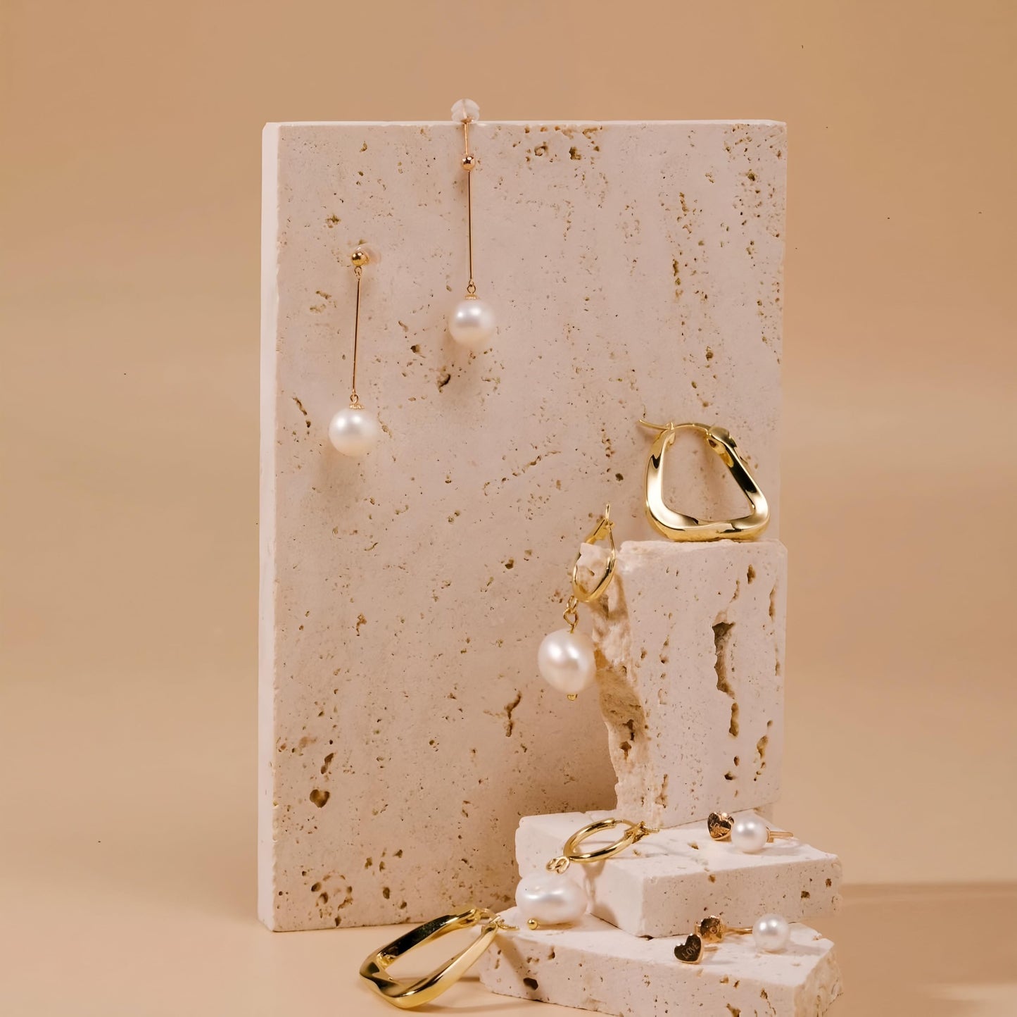 Artisanal Abode Natural Travertine Stone Display Tiles, Decorative Photography Props for Jewelry, Cosmetics, Home Decor, Beige Stone Blocks (15cm*30cm)
