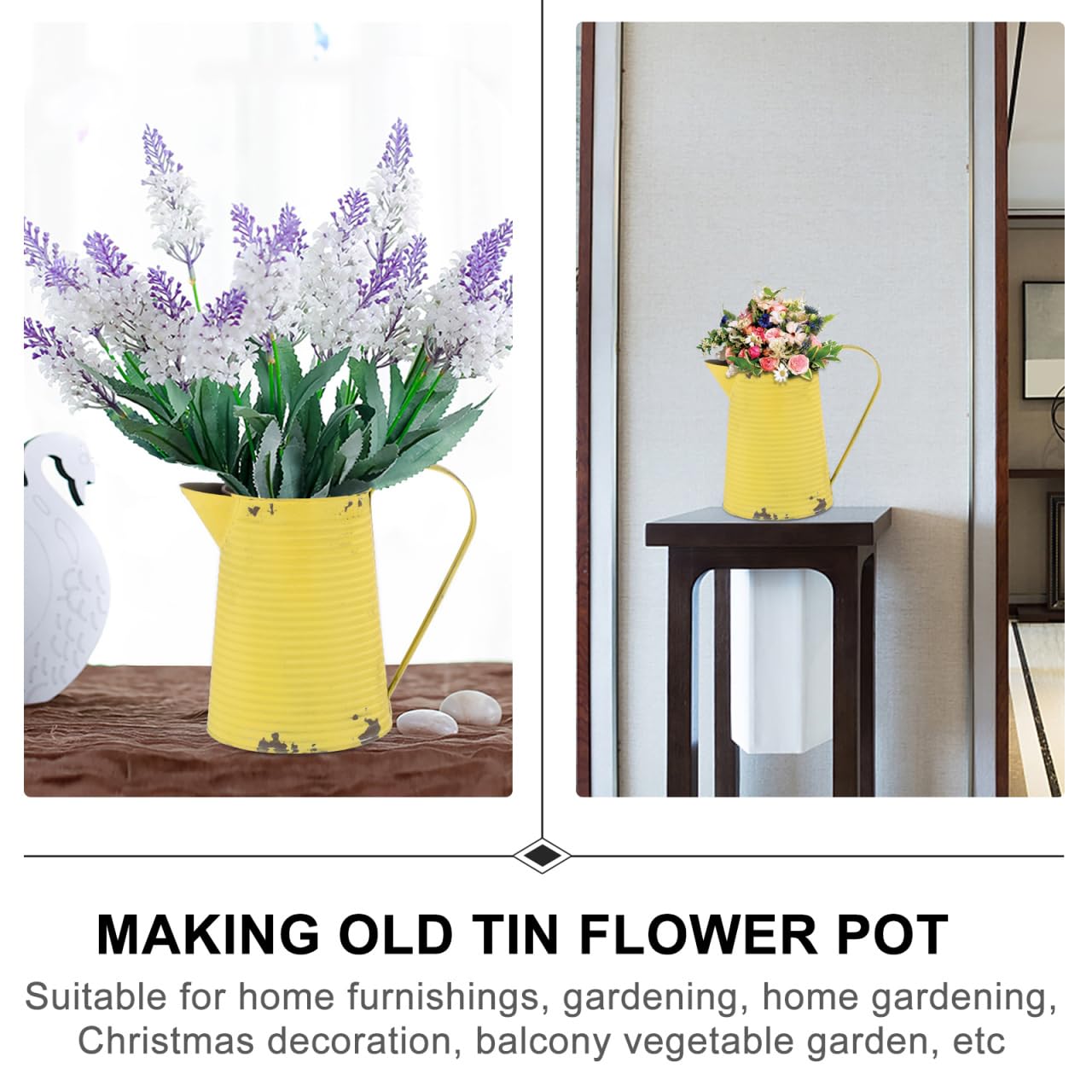Yellow Farmhouse Flower Vase Retro Metal Kettle Vase 8 Inch Rustic Galvanized Flower Pitcher Shabby Chic Country Style Table Centerpiece Home Decor Tin Bucket