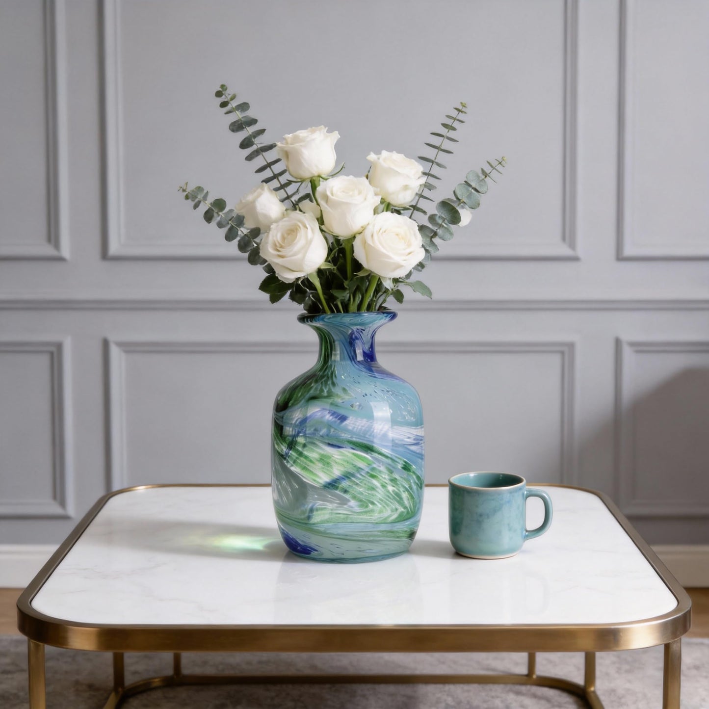 Hand-Blown Glass vase, Bluegreen Decorative vase, Modern Glass Art Piece, Ideal for Centerpiece Display in Living Rooms, Dining Tables, Offices, bathrooms, Coffee Tables, or entryway Decor.